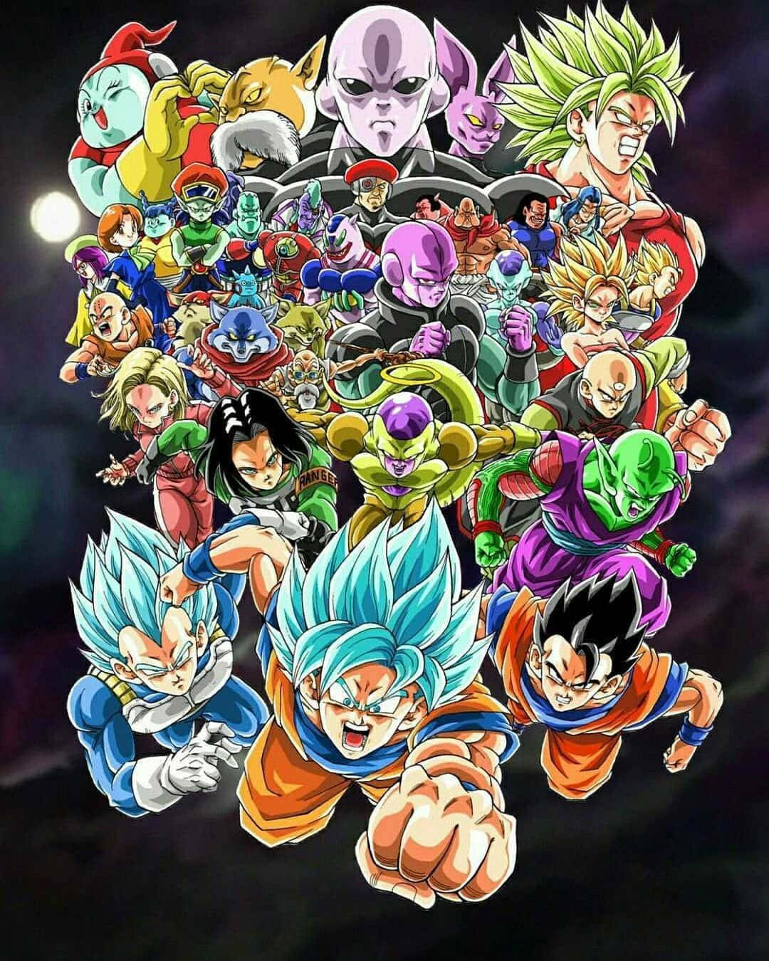 Dragon Ball Super Universe 6 桌布 壁紙 — 一個動態的動漫拼貼畫，描繪了龍珠角色在宇宙背景下以戰鬥姿勢呈現，並有一輪發光的月亮。