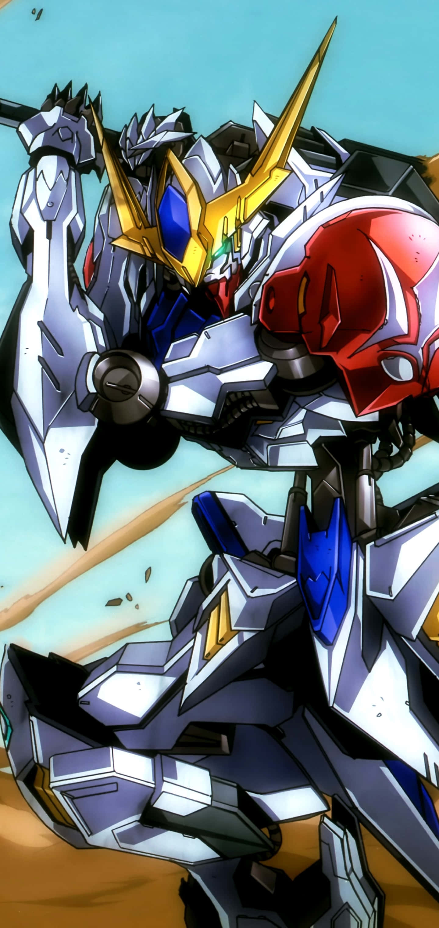 Mobile Suit Gundam Iron-blooded Orphans 桌布 壁紙 — 一個動態的動漫機甲，配備銀、金和紅色裝甲，在清澈的藍天下蓄勢待發。