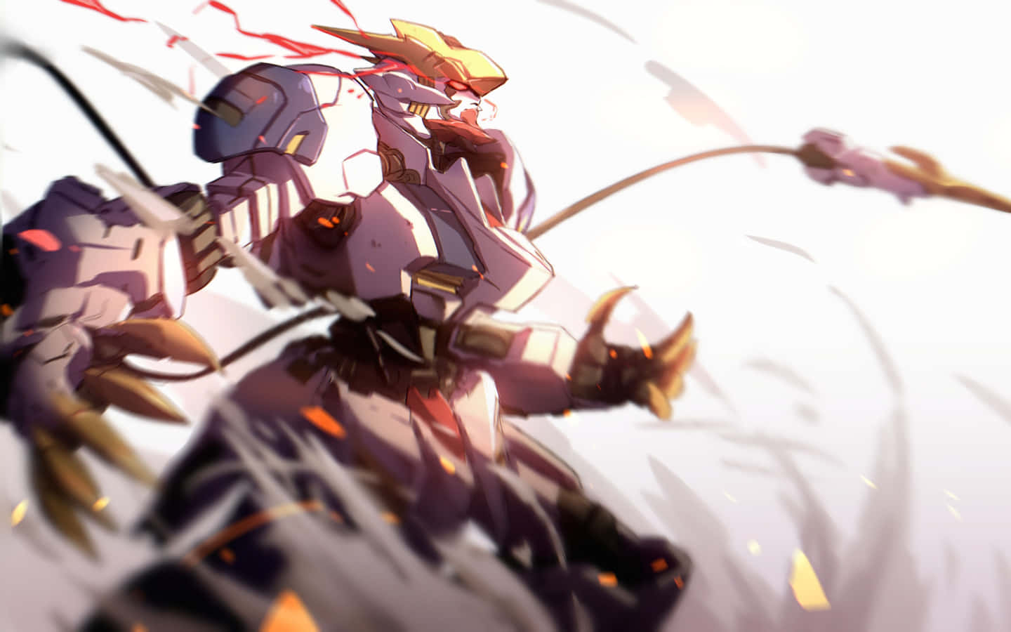 Gundam Desktop 桌布 壁紙 — 一個動態的動漫機甲在明亮的白色背景下，使用發光的紅色能量刀片進行戰鬥。