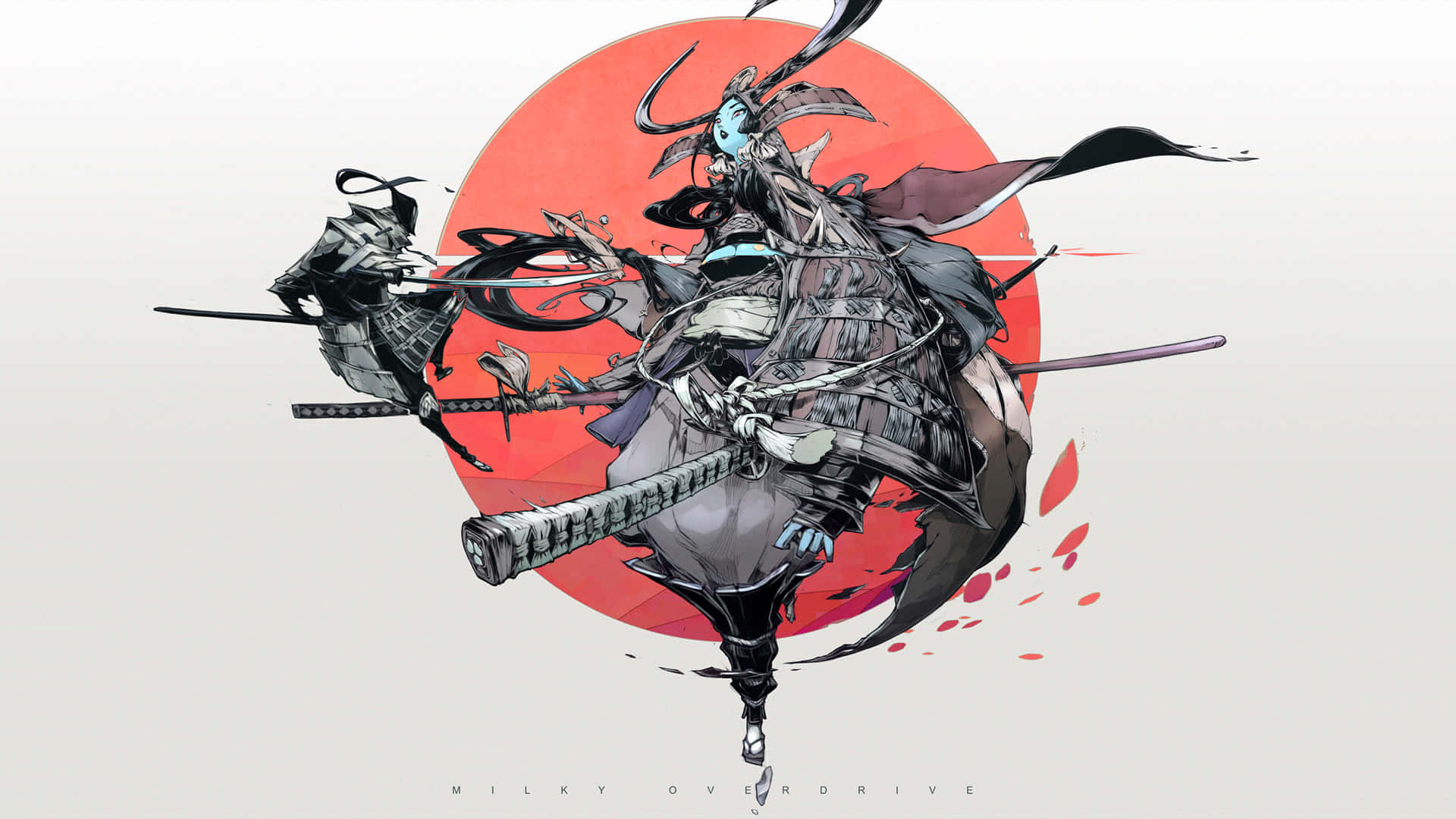 武士動畫 桌布 壁紙 — 一個動態的動漫武士戰士穿著精細的盔甲，在帶有運動線條和濺墨效果的醒目紅色太陽背景下向前躍進。