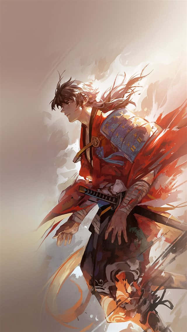 武士動畫 桌布 壁紙 — 一個動態的動漫武士穿著紅色盔甲，拔劍向前躍起，背景柔和發光。