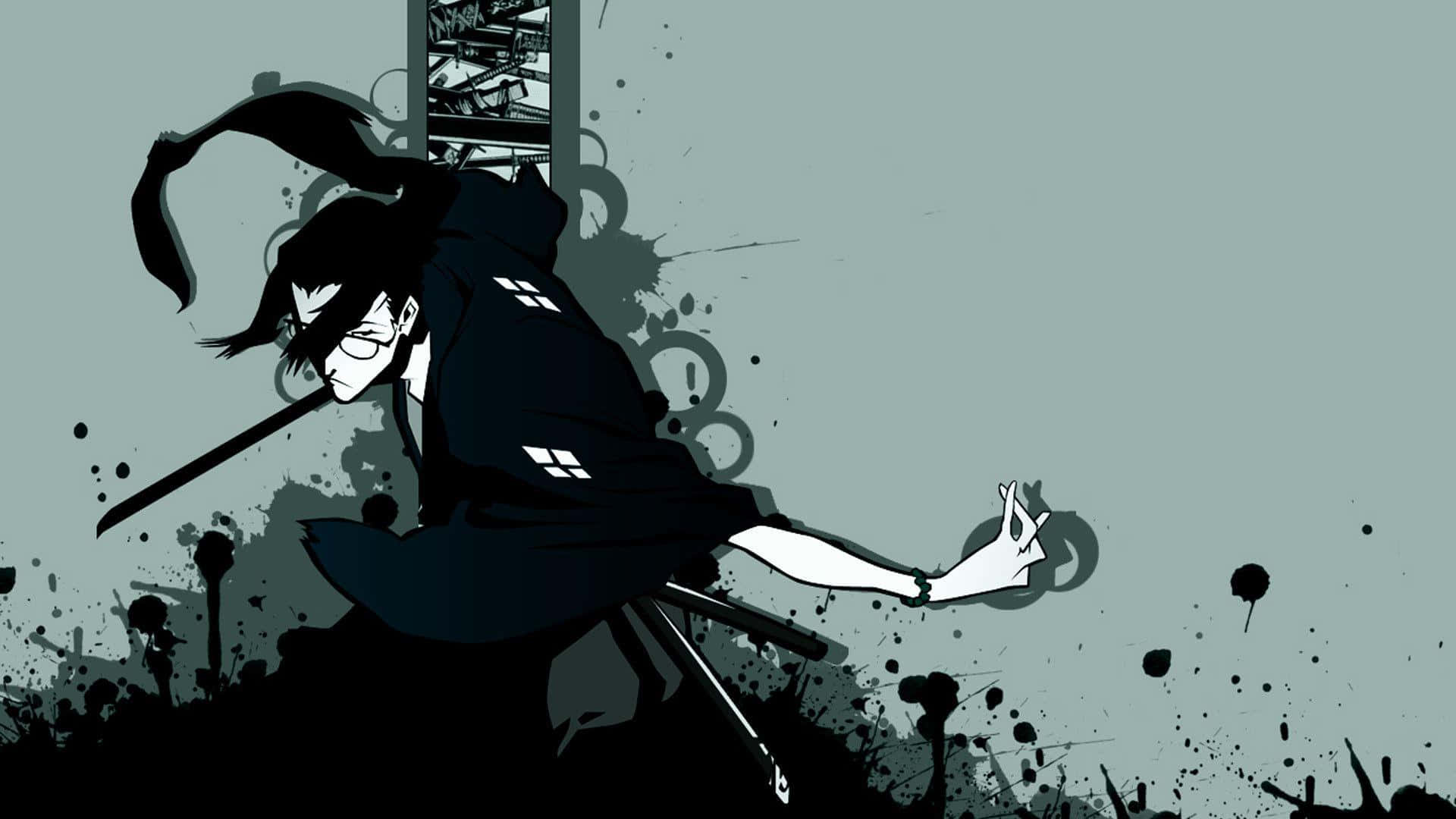 動漫 桌布 壁紙 — 一個動態的動漫武士穿著黑色長袍，在濺滿墨水的柔和青綠色背景前揮劍向前斬。