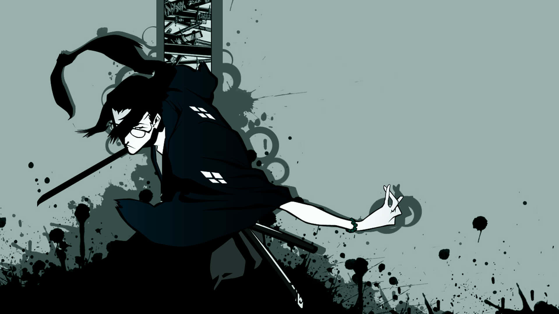 Bushido 桌布 壁紙 — 一個動態的動漫武士穿著黑色長袍，在濺滿墨水的柔和青綠色背景前揮劍向前斬擊。