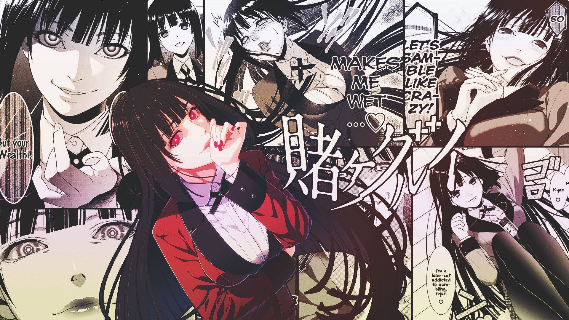 Kakegurui 桌布 壁紙 — 一個動態的動漫漫畫面板拼貼，包含多個表情強烈的角色和粗體文字疊加。
