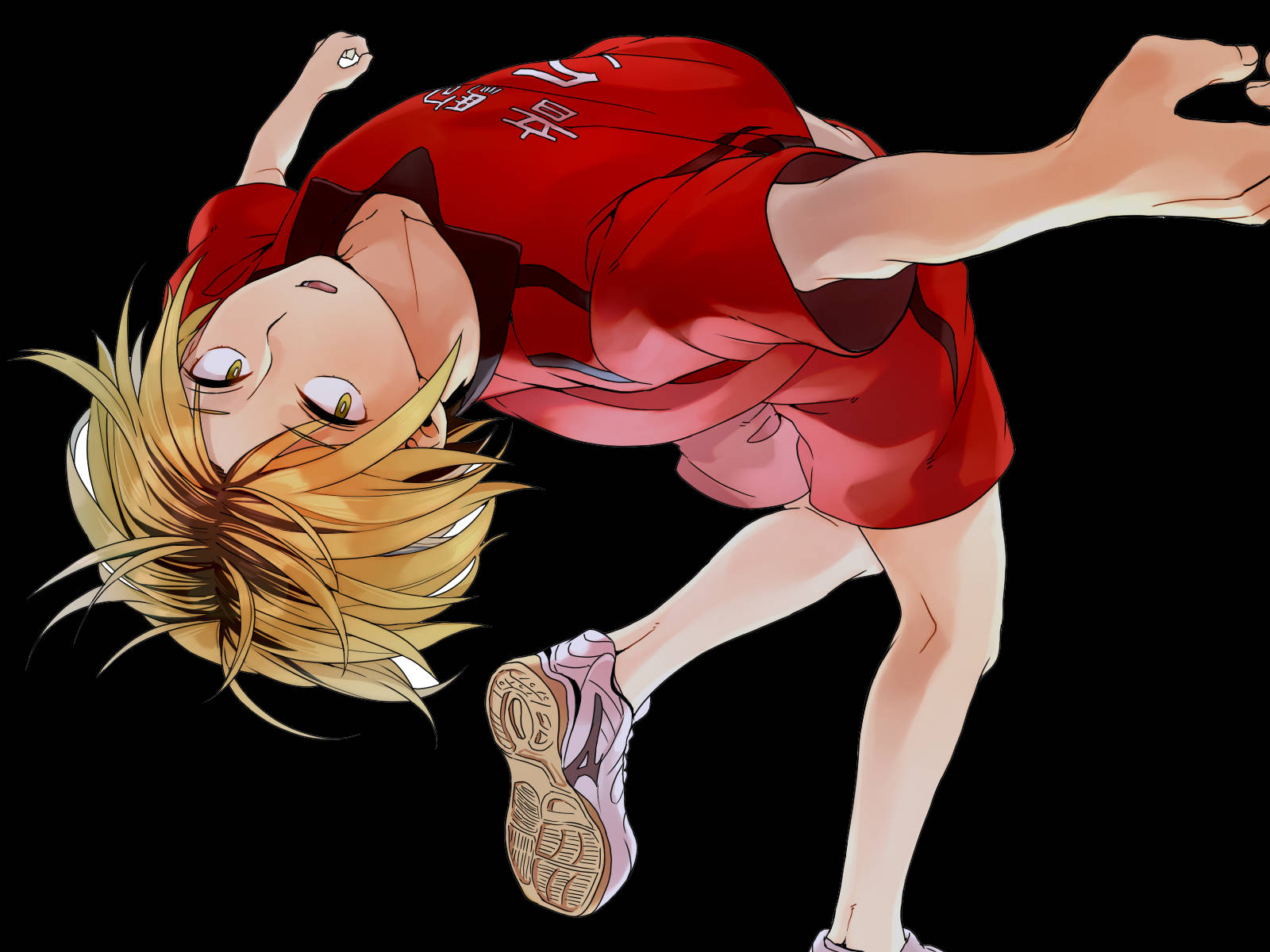 動漫男孩 桌布 壁紙 — 一個動態的動漫男孩穿著紅色運動服，在黑色背景中躍起，表情強烈。