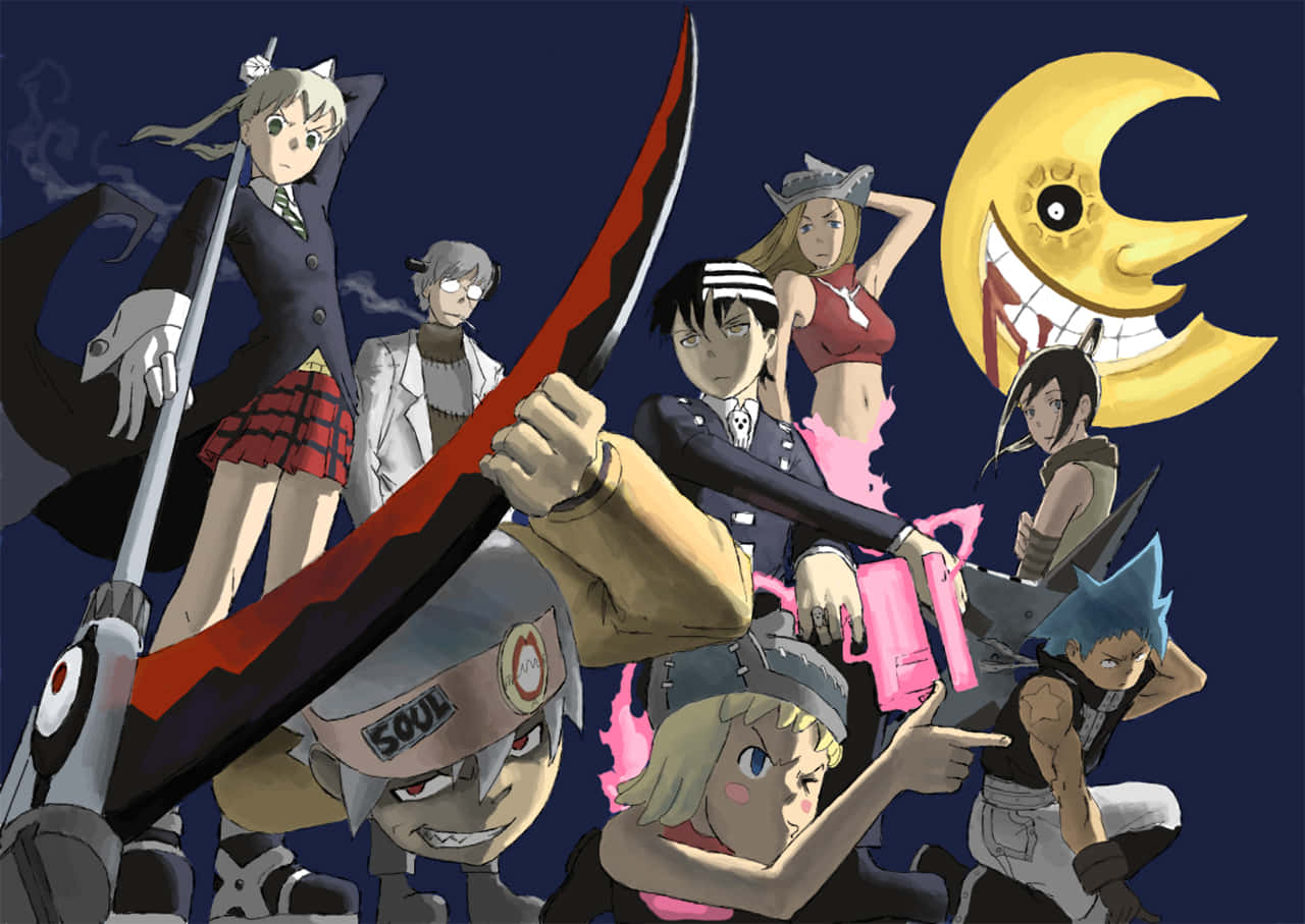 Soul Eater 桌布 壁紙 — 一個動態的動漫群體，包含多樣角色手持武器，背景是微笑的月亮。
