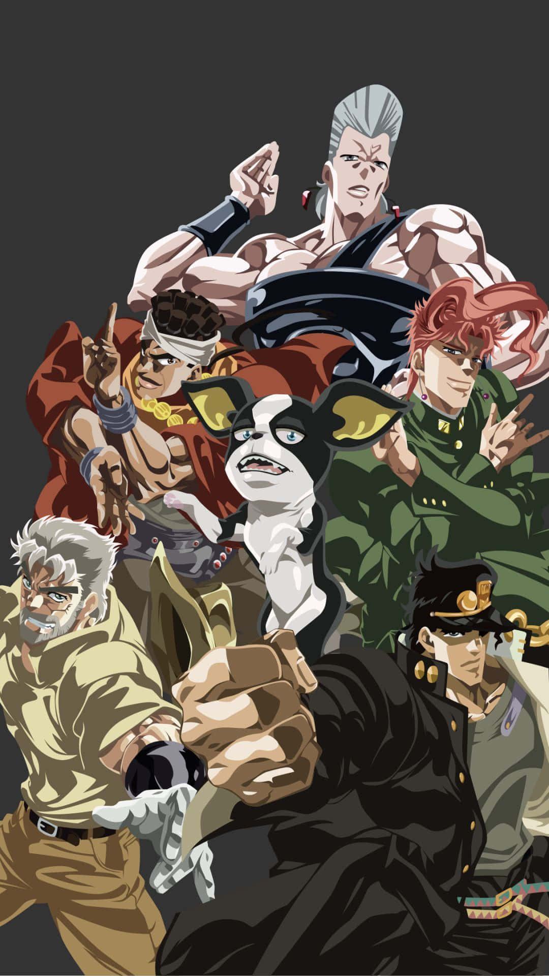 Jojo Phone 桌布 壁紙 — 一個動態的動漫群體，由七個肌肉發達的角色組成，擁有獨特的髮型和姿勢，背景為深灰色。