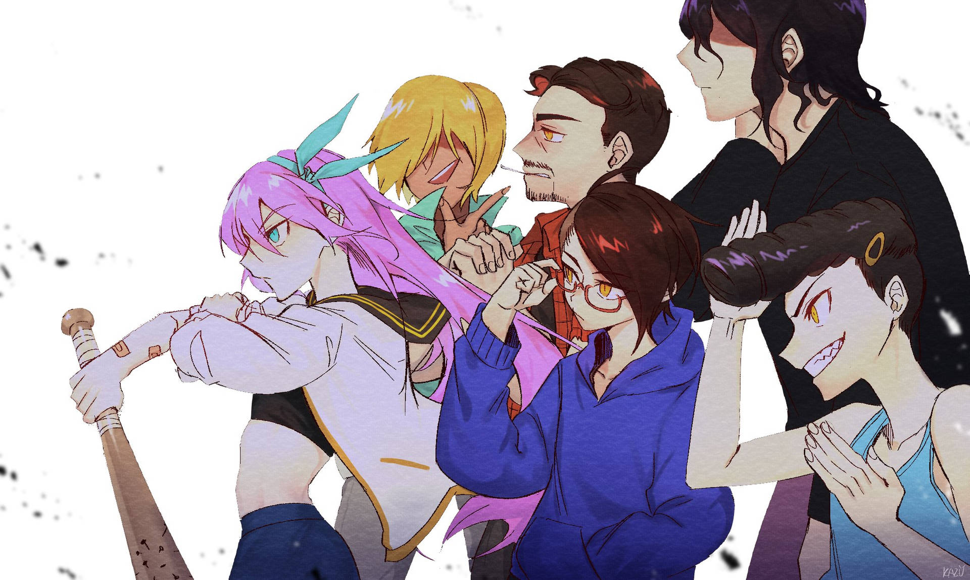 omori 桌布 壁紙 — 一個動態的動漫群體，由六個角色組成，表情和服裝各異，在帶有黑色斑點的純白色背景前擺姿勢。