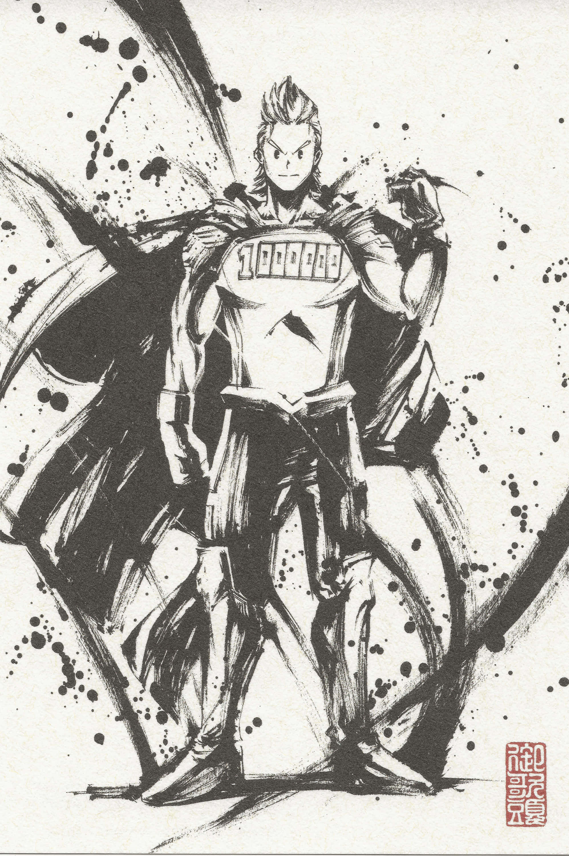 Mirio Togata 桌布 壁紙 — 一個動態的動漫英雄，以風格化的黑白墨水繪製，帶有潑濺效果和堅定的表情。