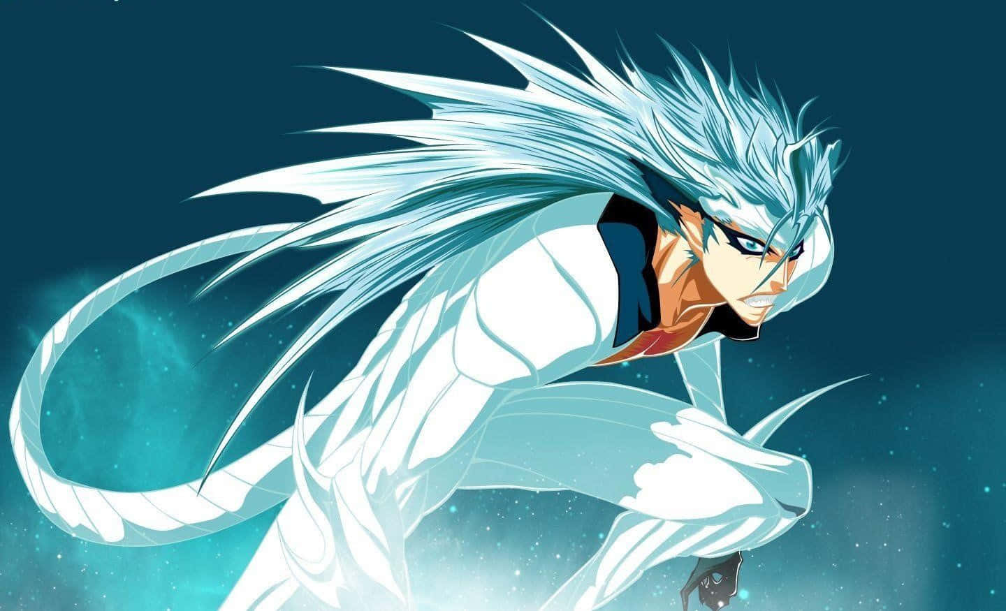 Grimmjow Jaegerjaquez 桌布 壁紙 — 一個動態的動漫角色，擁有尖刺的白髮和發光的藍色眼睛，在宇宙藍綠色的背景上向前衝刺。