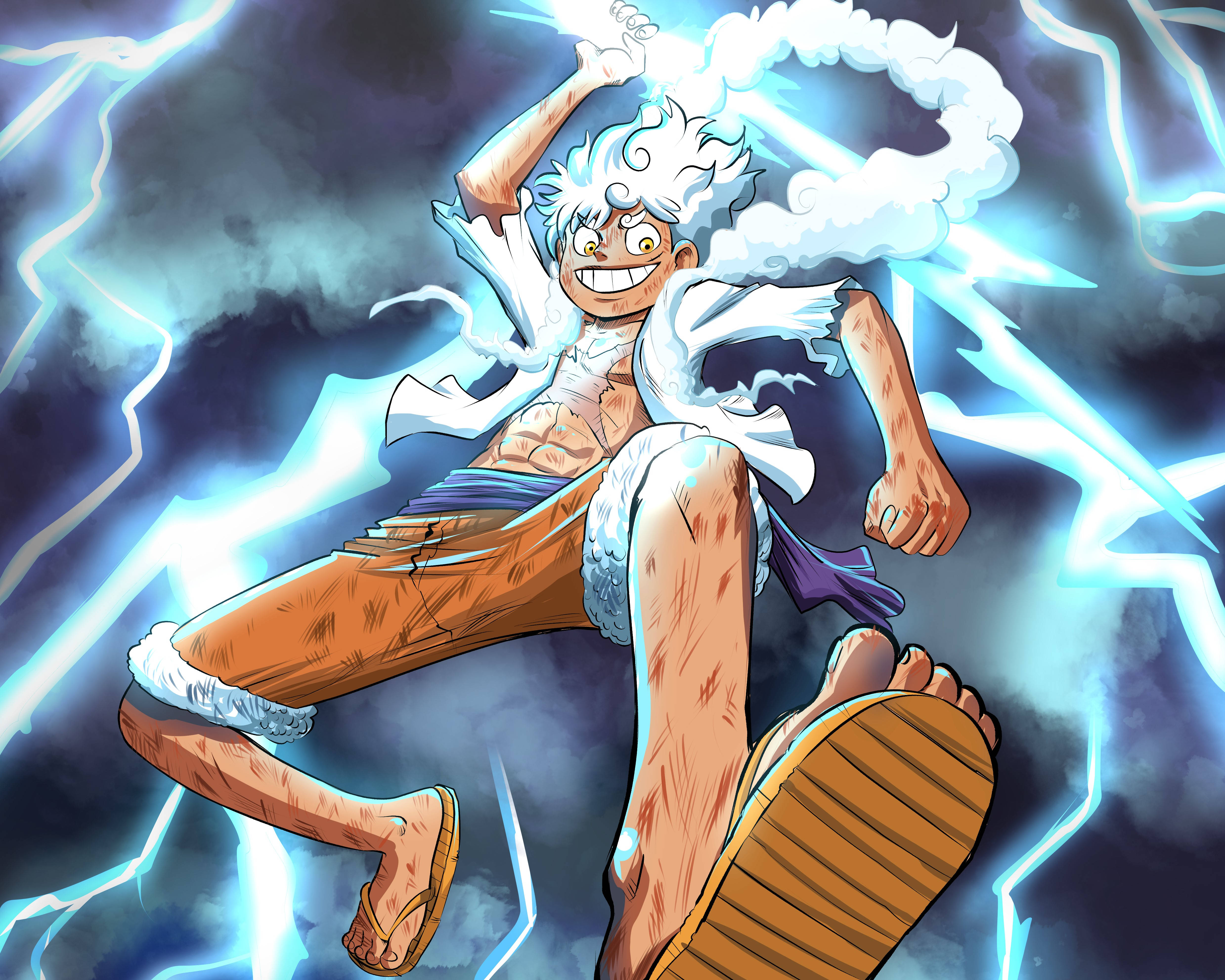 閃電 桌布 壁紙 — 一個動態的動漫角色，擁有尖刺的白髮和笑容，在暴風雲中釋放閃電，姿勢強而有力。
