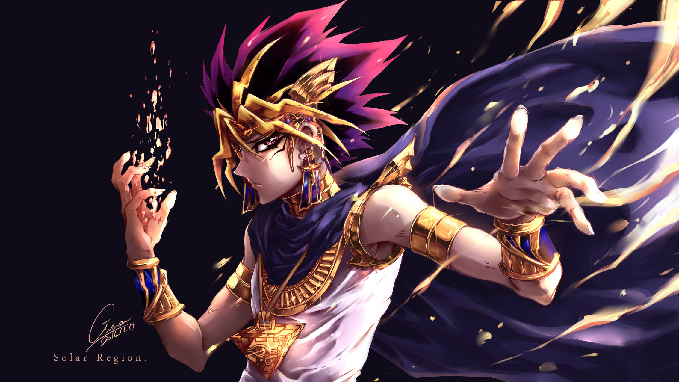 Yugioh 桌布 壁紙 — 一個動態的動漫角色，擁有尖刺的紫色和金色頭髮，在黑暗的環境中引導金色能量。