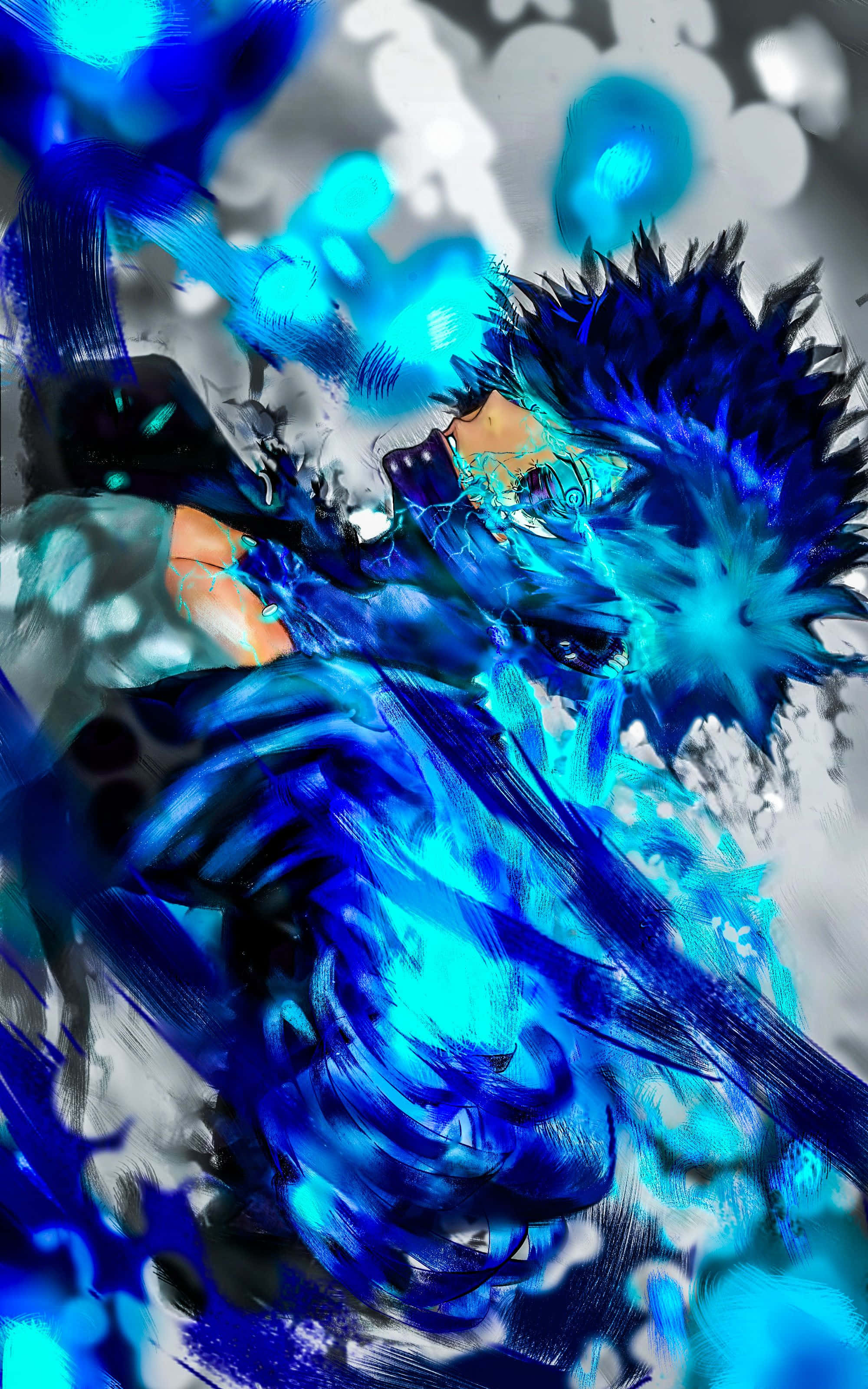 Dabi Boku No Hero 桌布 壁紙 — 一個動態的動漫角色，擁有尖刺的藍色頭髮和發光的藍色能量爆發，背景是煙霧般的灰色。