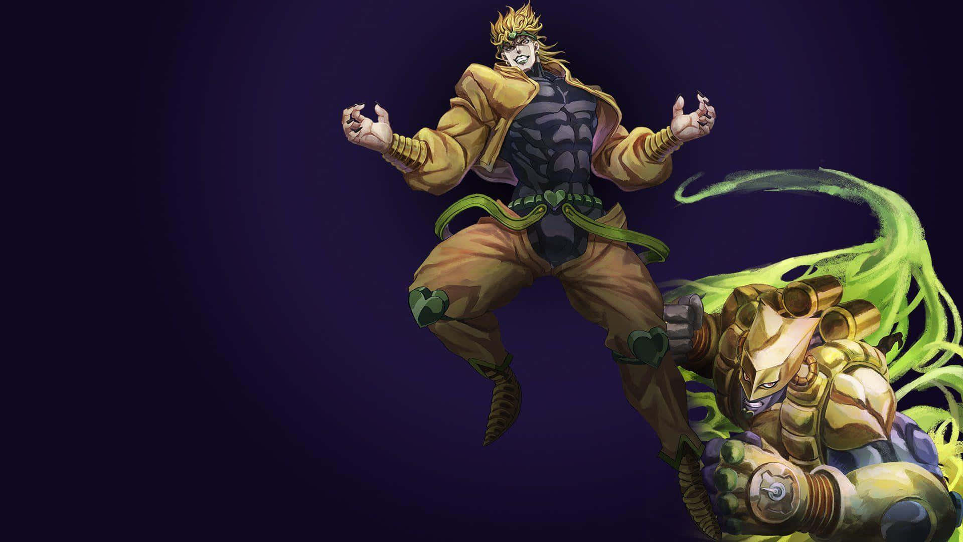 Diego Brando 桌布 壁紙 — 一個動態的動漫角色，擁有尖刺金髮和金色服裝，在一個散發綠色能量的機械生物旁邊向前跳躍，背景為深紫色。