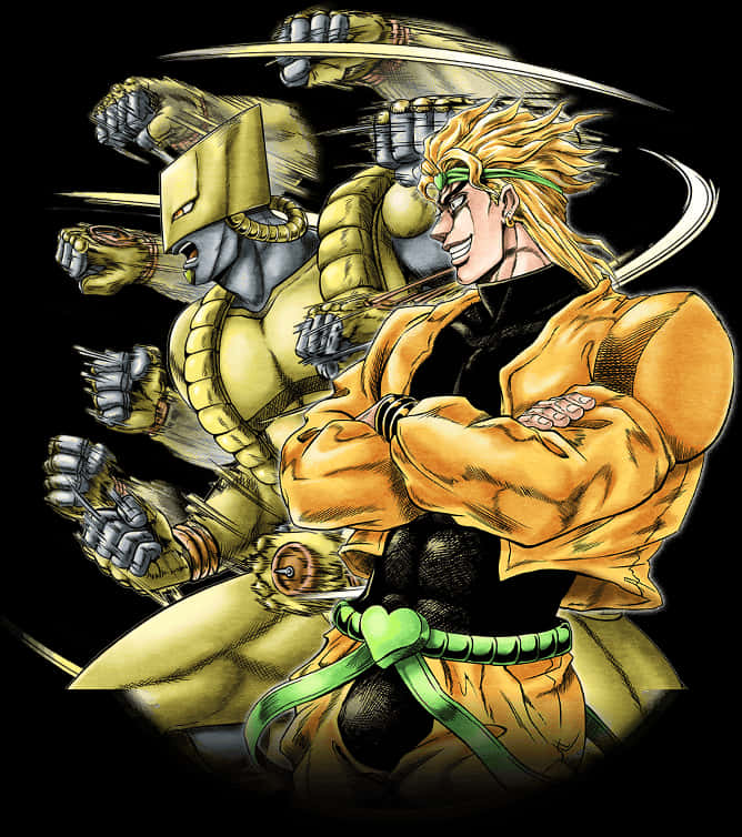 Dio 桌布 壁紙 — 一個動態的動漫角色，擁有尖刺金髮和綠色腰帶，在黑色虛空中揮舞多把劍對抗金色盔甲的對手。