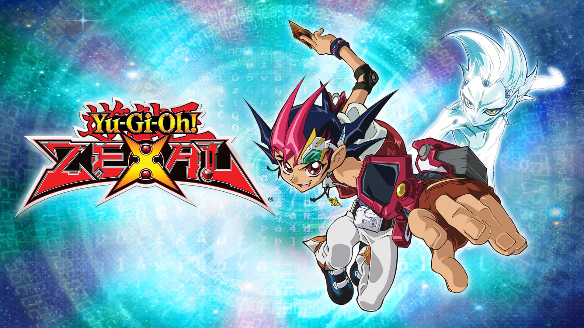 Yu-gi-oh Astral 桌布 壁紙 — 一個動態的動漫角色，粉紅色頭髮和紅色決鬥盤，在發光的藍色數位背景和Yu-Gi-Oh! ZEXAL標誌前向前跳躍。