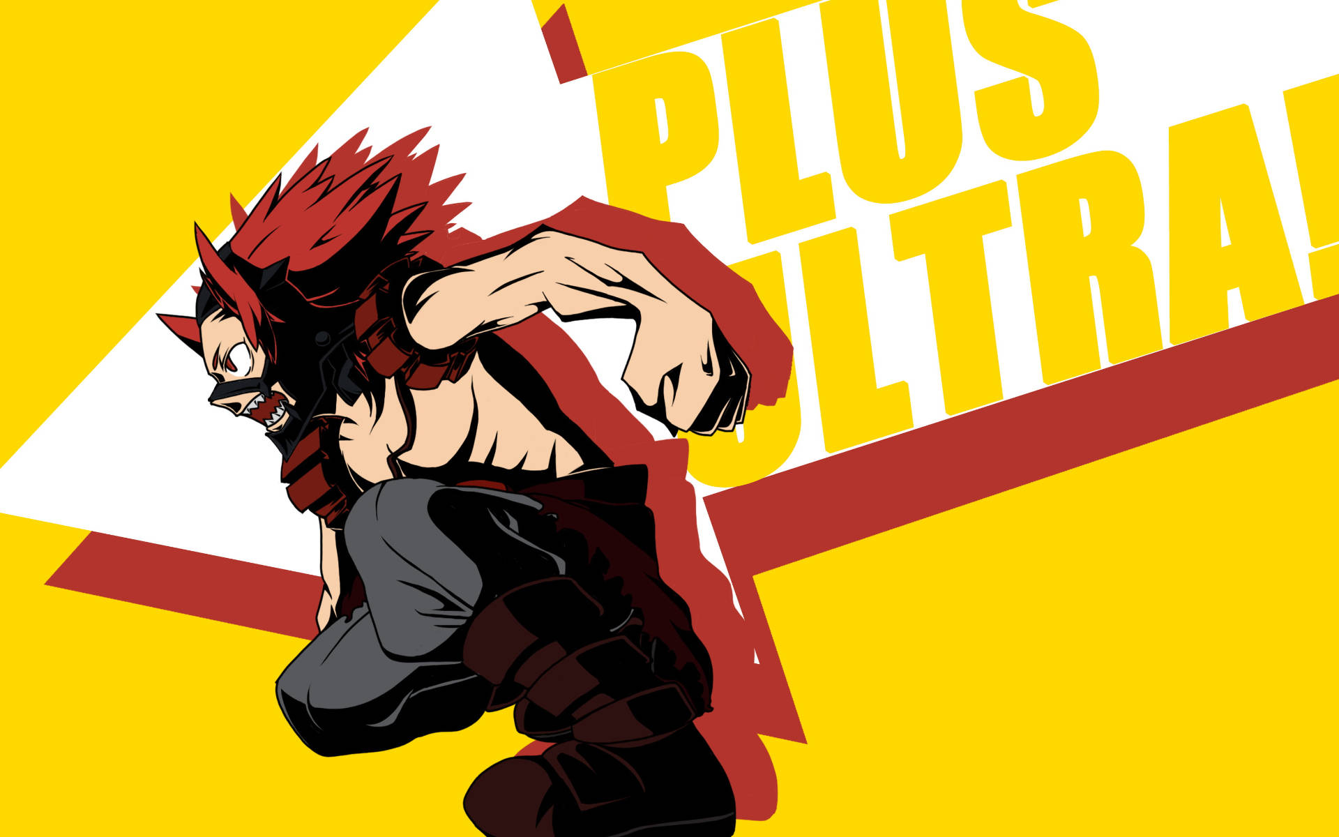 Kirishima 桌布 壁紙 — 一個動態的動漫角色，紅色尖刺頭髮和黑色服裝，在帶有 'PLUS ULTRA!' 文字的醒目黃紅背景前向前衝刺。