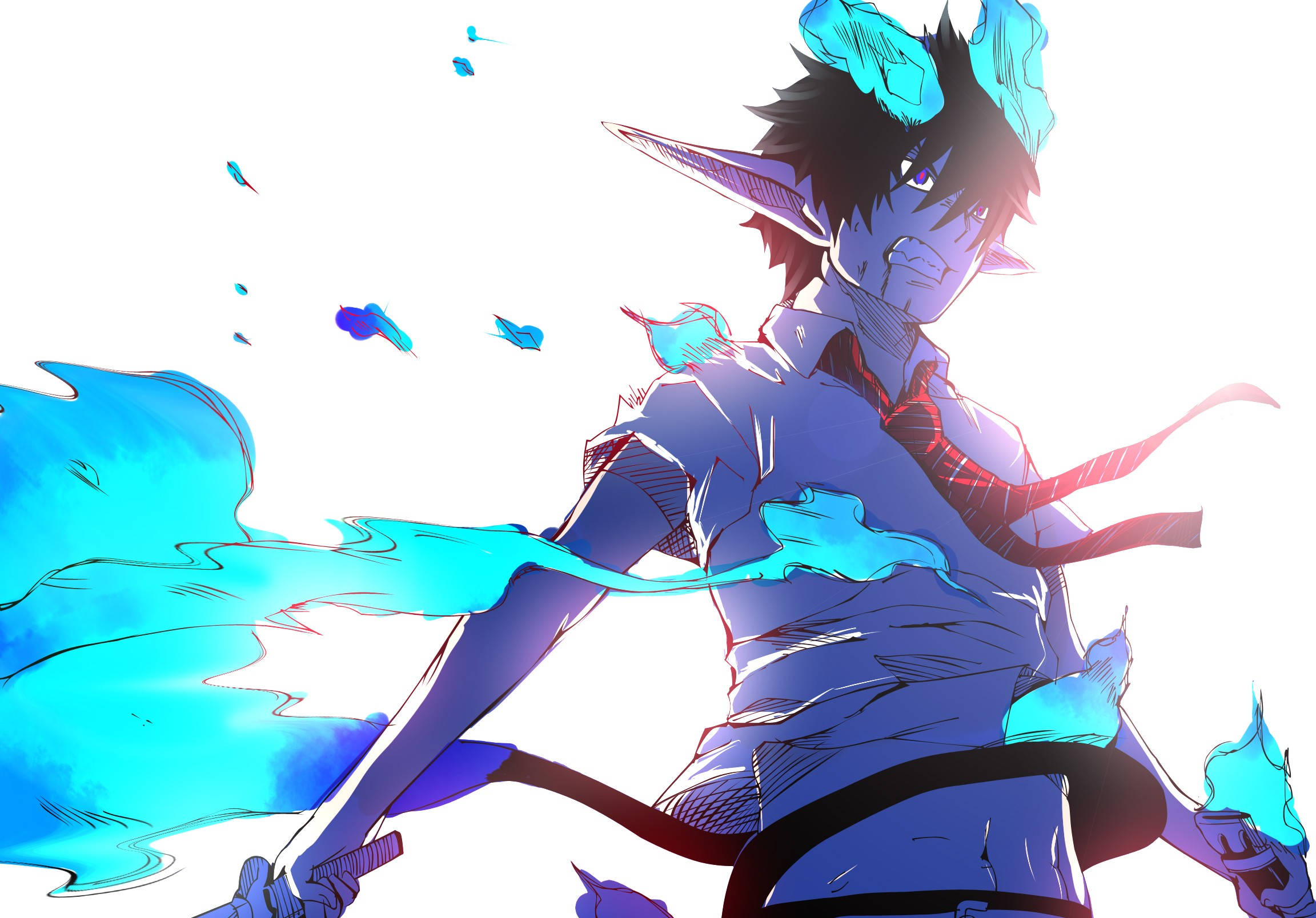 Blue Exorcist 桌布 壁紙 — 一個動態的動漫角色，藍色能量在他周圍旋轉，呈現高對比度的風格化插圖。