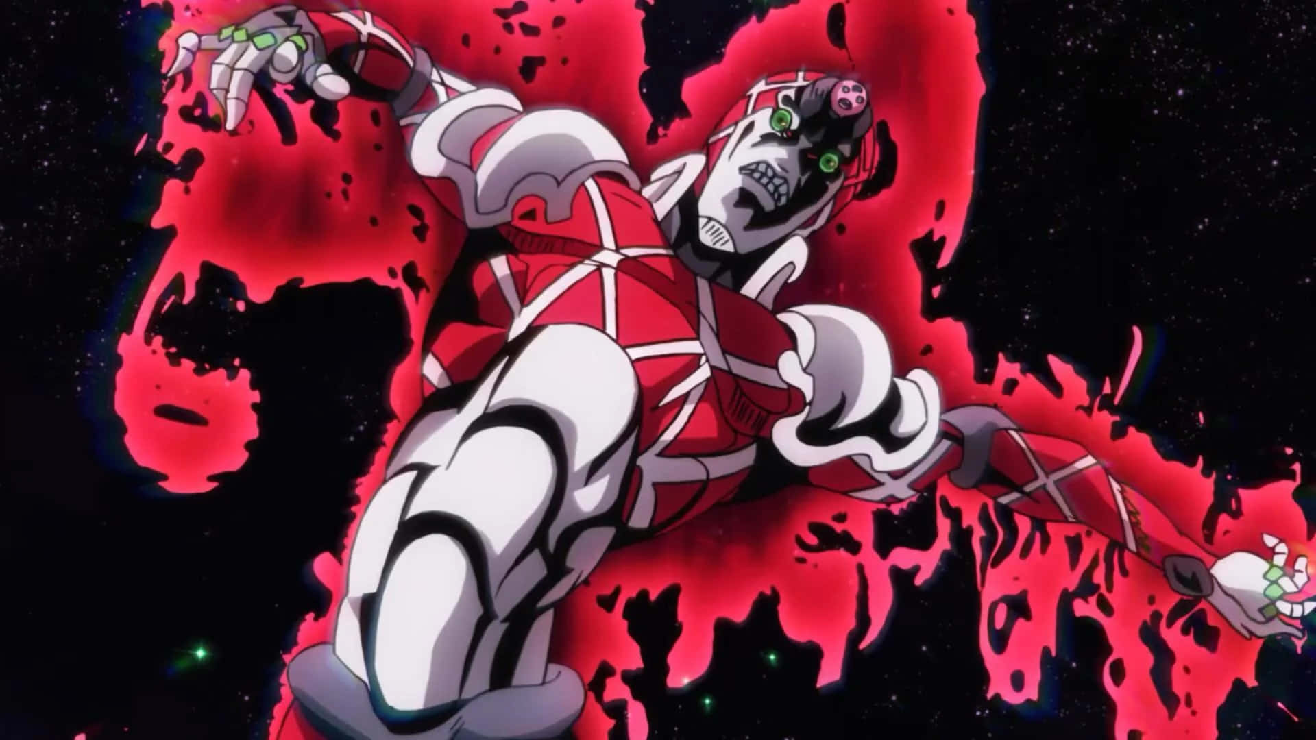 Jojo King Crimson 桌布 壁紙 — 一個動態的動漫角色，身穿紅白盔甲，以發光的綠色眼睛和爆炸性的紅色能量劃破宇宙虛空。