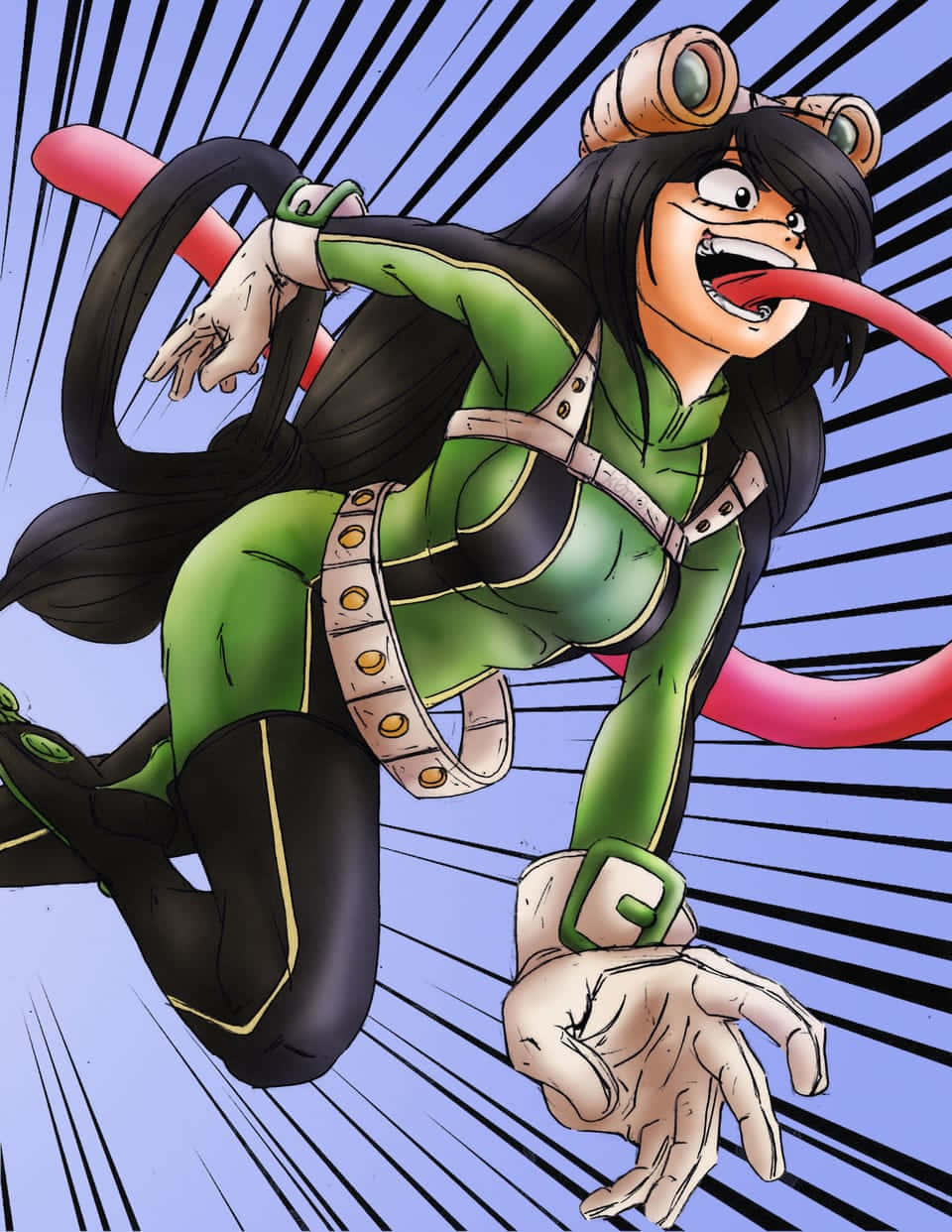 Froppy 桌布 壁紙 — 一個動態的動漫角色，身穿綠色和黑色裝備，長長的粉紅色舌頭，頭戴護目鏡，向前衝刺，背景是藍色速度線。