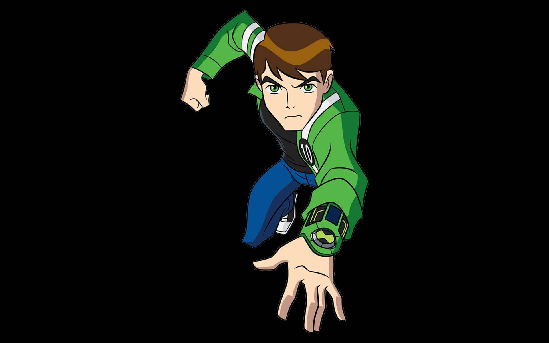 Cartoon Network Characters 桌布 壁紙 — 一個動態的動漫角色，身穿綠色外套和藍色褲子，在黑色背景前蹲伏於動作中。
