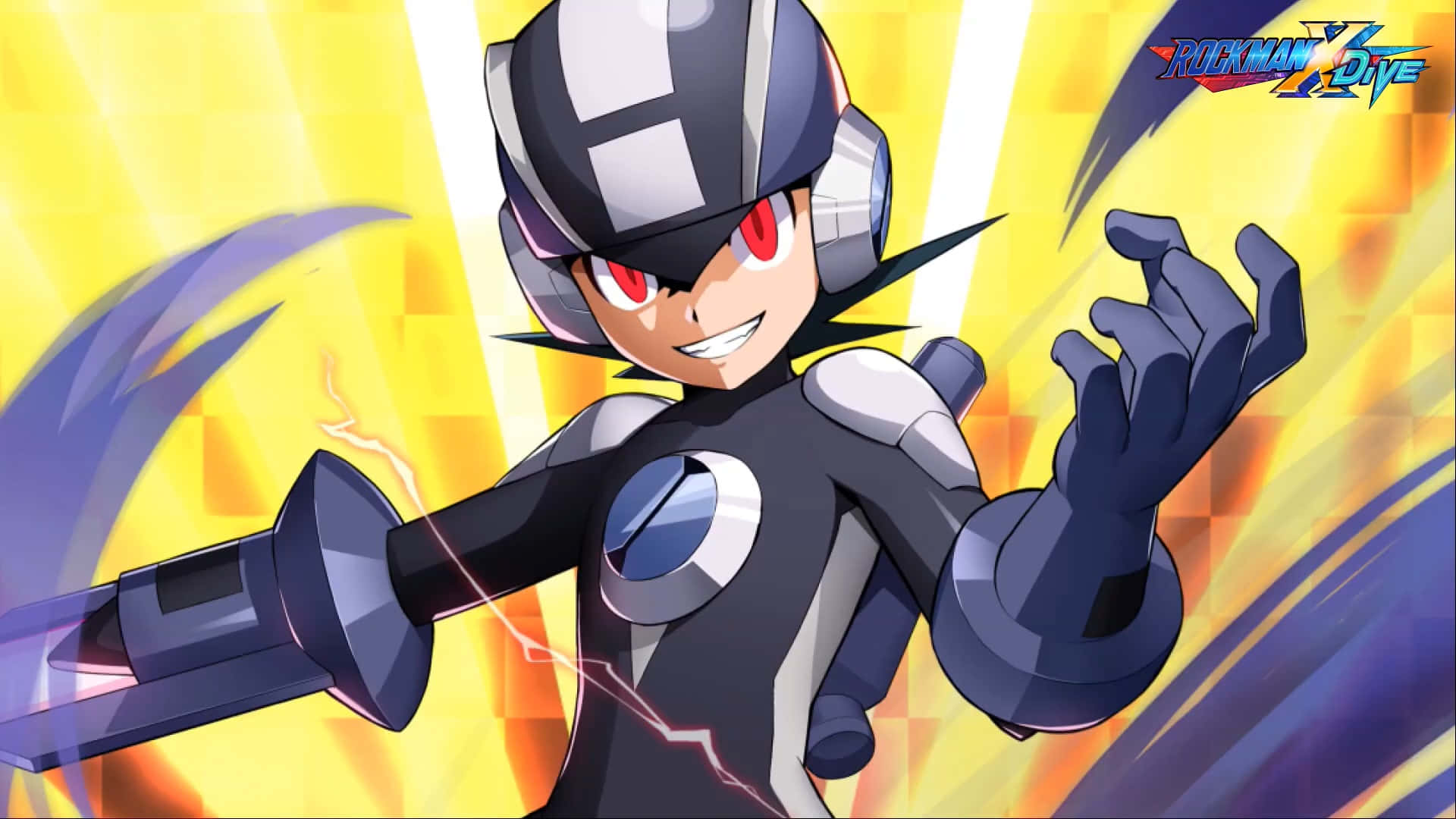 Megaman 桌布 壁紙 — 一個動態的動漫角色，身穿黑色和銀色盔甲，紅色眼睛，在充滿活力的黃色和紫色能量背景下揮舞著發光的劍。