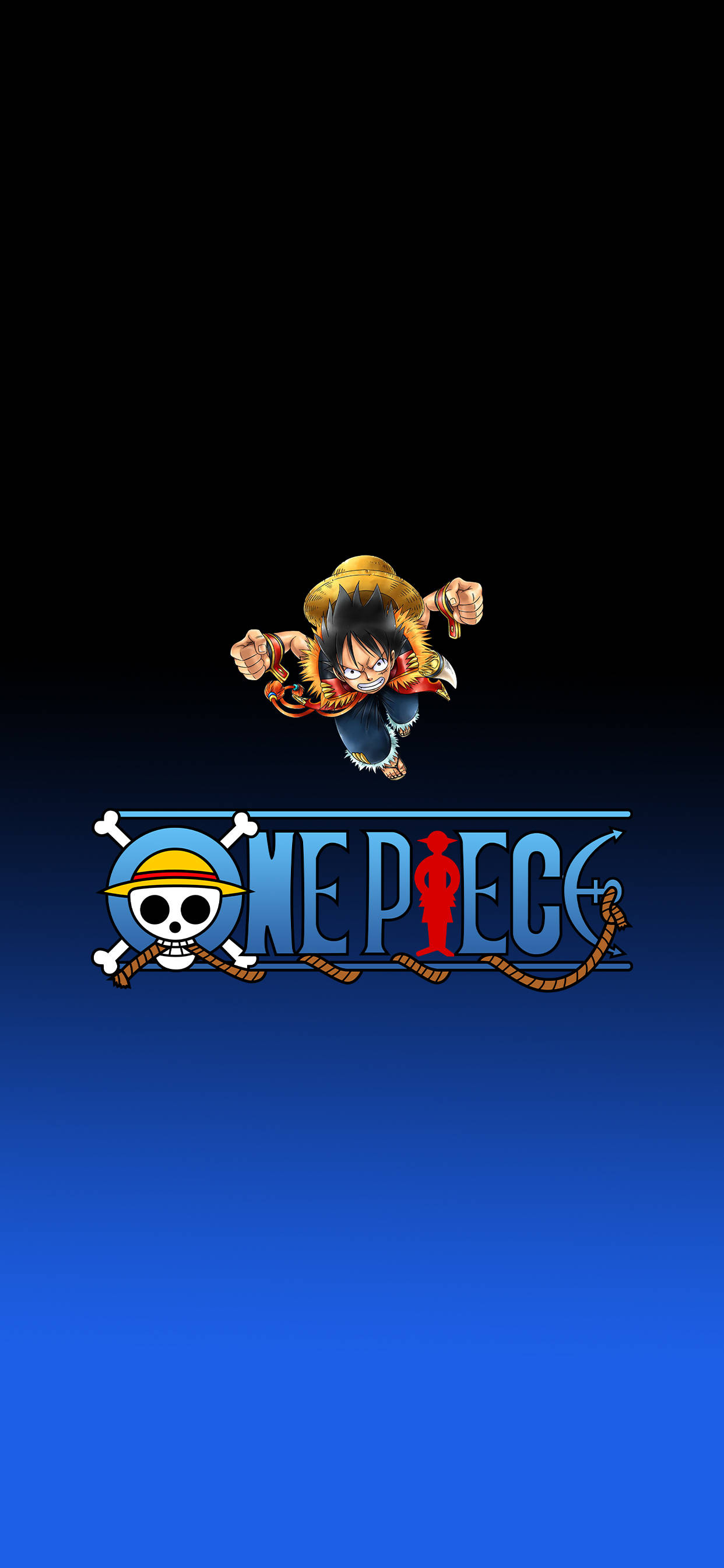 One Piece Phone 桌布 壁紙 — 一個動態的動漫角色在漸變藍色背景上躍過 One Piece 標誌。