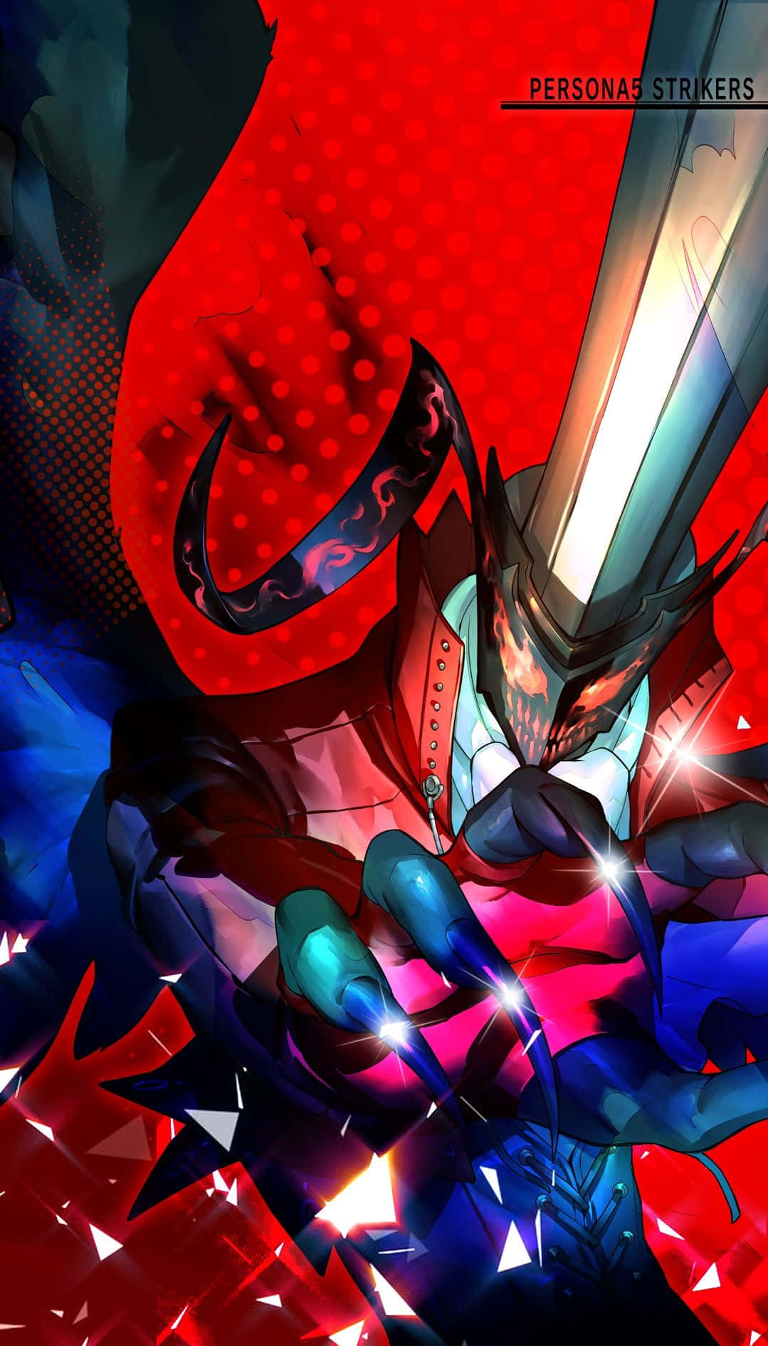 Persona 5 Strikers 桌布 壁紙 — 一個動態的動漫角色在鮮豔的紅藍背景中揮舞著發光的劍，伴隨著破碎的水晶效果。