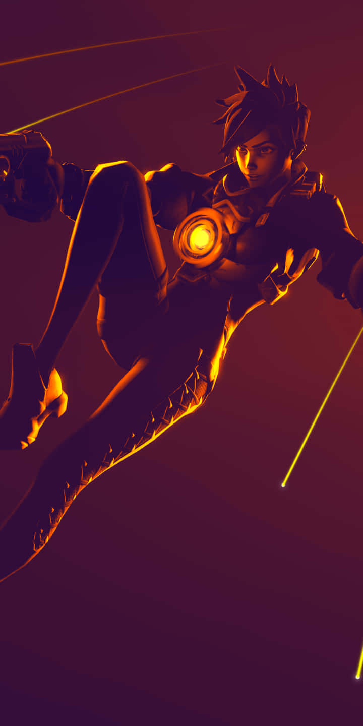 iPhone Xs Overwatch 桌布 壁紙 — 一個動態的動漫角色穿著發光的橙色套裝，跳過一個深紫色的虛空，身後拖曳著能量光束。