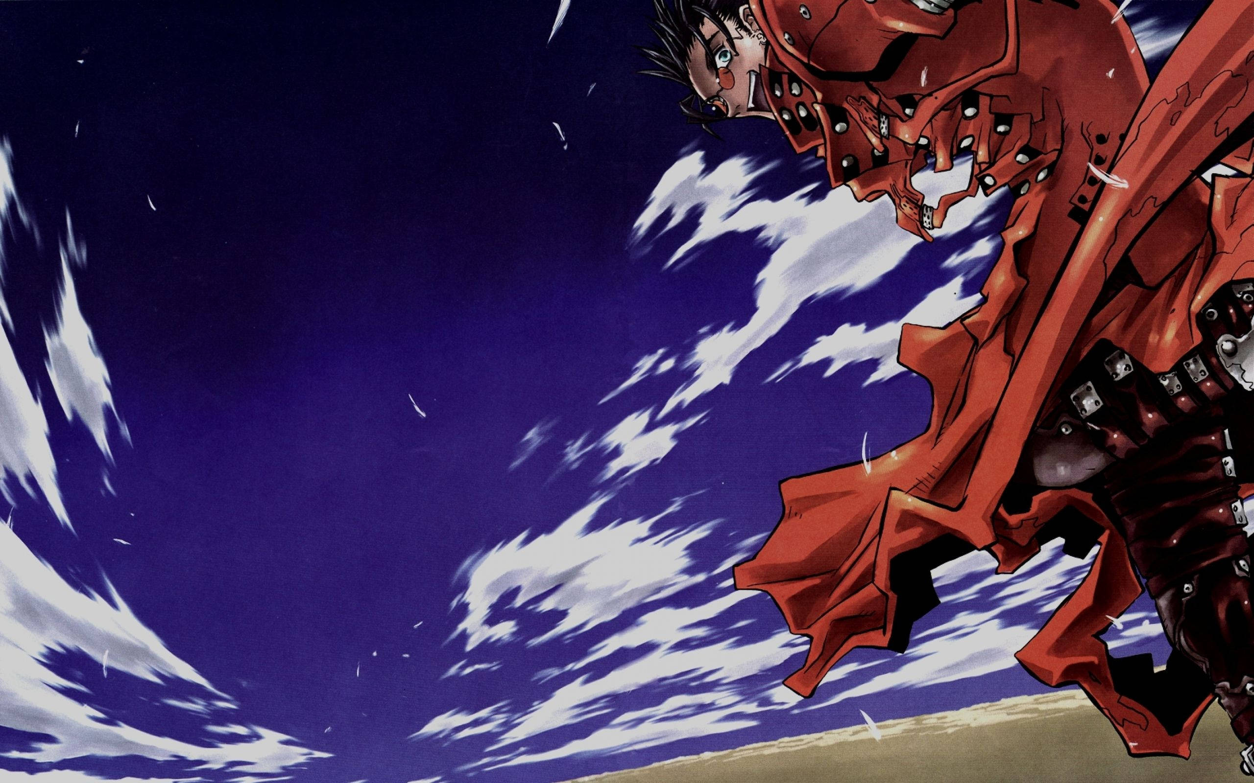 Trigun 桌布 壁紙 — 一個動態的動漫角色穿著紅色外套，在帶有白雲的旋轉紫色天空中跳躍。