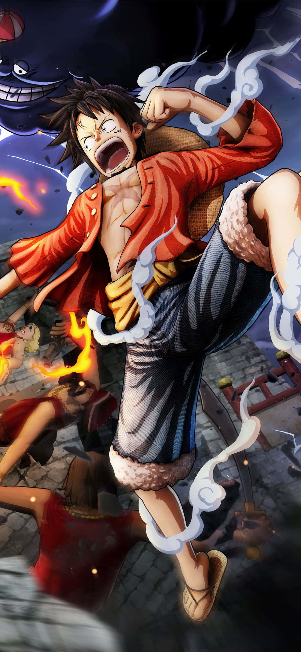 Cool Anime iPhone 桌布 壁紙 — 一個動態的動漫角色穿著紅色外套，在黑暗風暴背景下，帶著火熱能量和旋轉煙霧躍入空中。