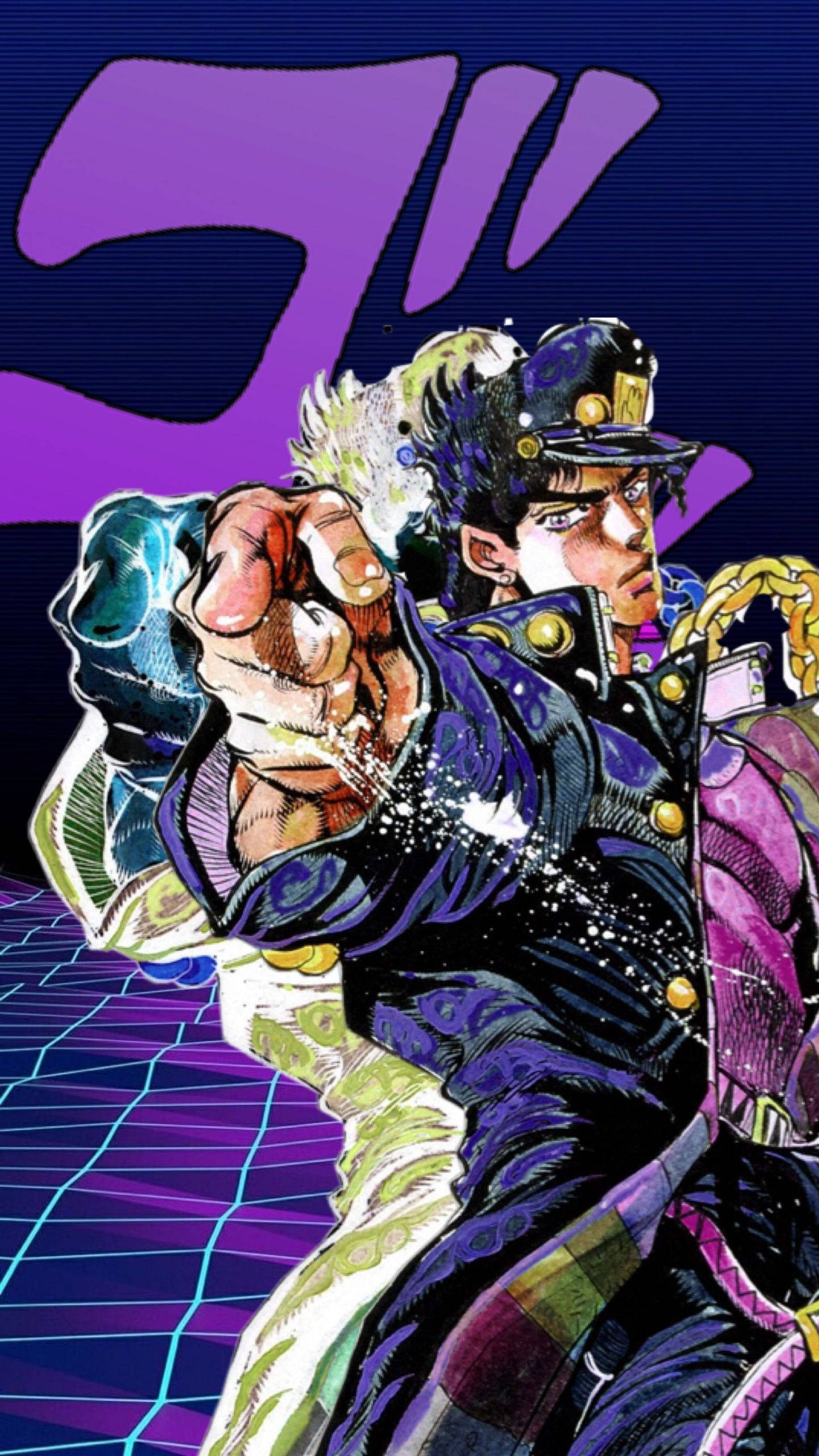 Jojo 桌布 壁紙 — 一個動態的動漫角色穿著紫色外套，在帶有醒目紫色和藍色色調的發光網格背景上向前出拳。