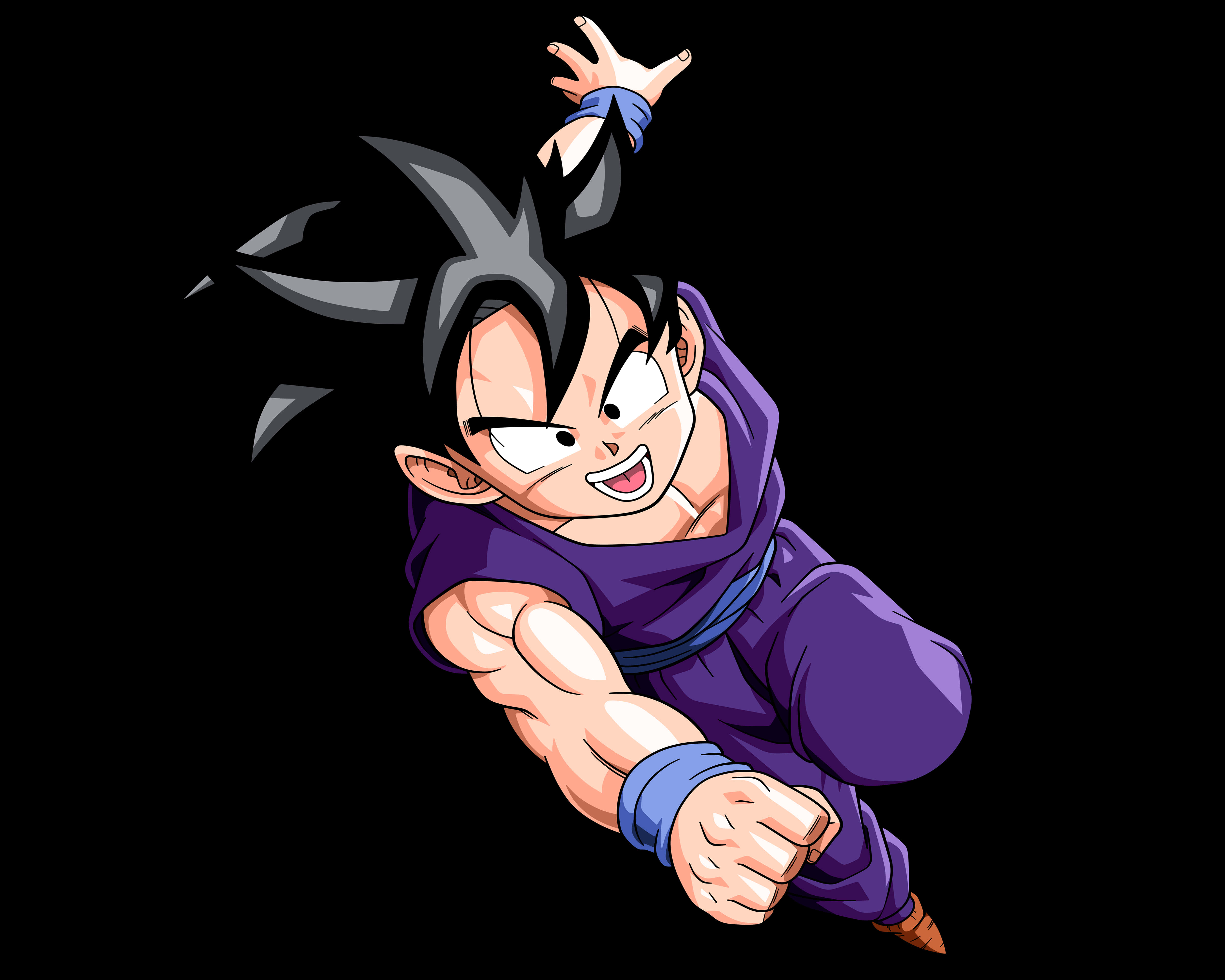 Teen Gohan 桌布 壁紙 — 一個動態的動漫角色穿著紫色道服，在純黑色背景前帶著強烈的笑容向前跳躍。