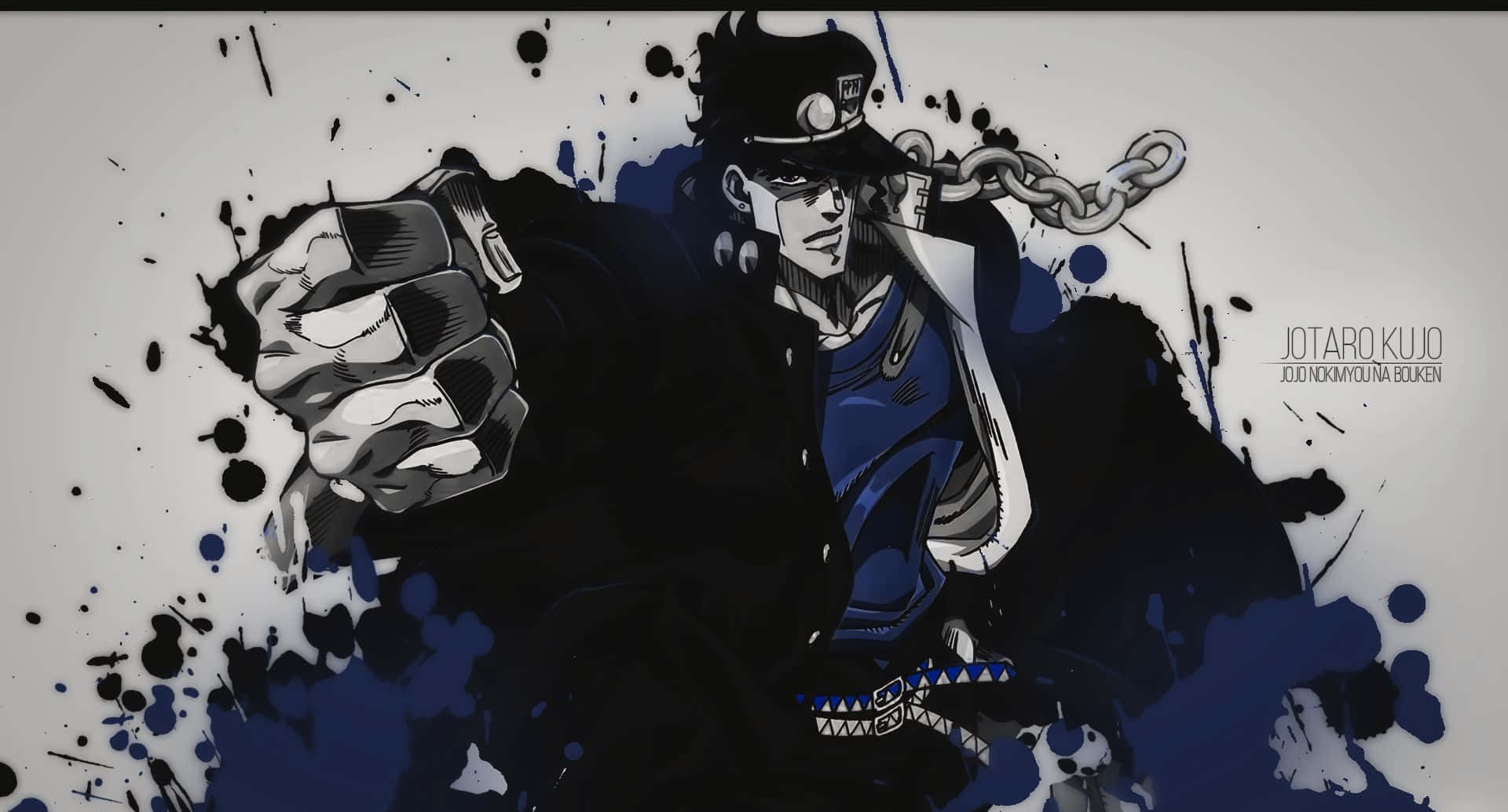 Jojo 桌布 壁紙 — 一個動態的動漫角色穿著藍色服裝和帽子，用鏈條武器向前出拳，周圍是醒目的黑色和藍色油漆飛濺。