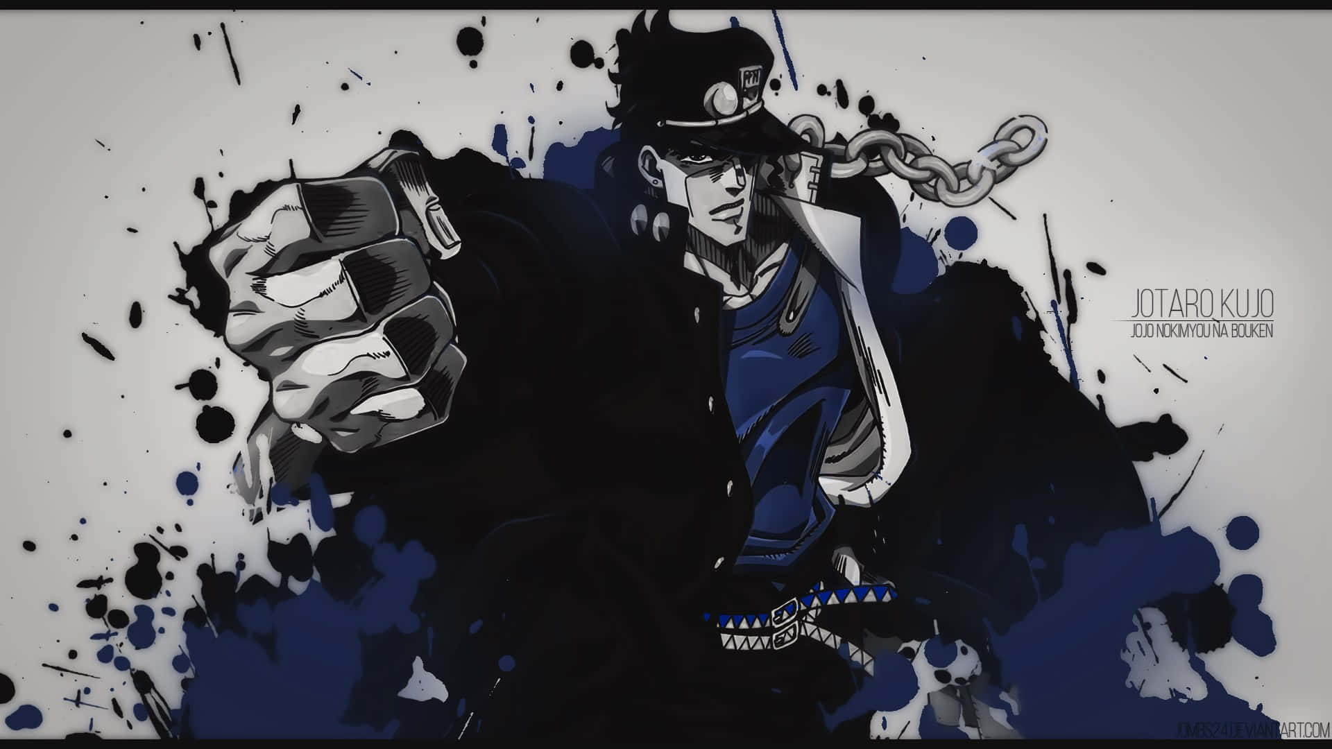 Jojo's Bizarre Adventure 桌布 壁紙 — 一個動態的動漫角色穿著藍色襯衫和帽子，用鏈條武器向前出拳，周圍有黑色和藍色的油漆飛濺。