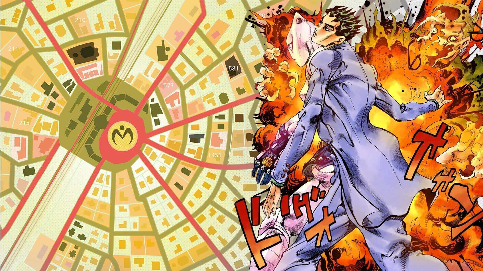 Kira Yoshikage 桌布 壁紙 — 一個動態的動漫角色穿著藍色西裝，在風格化的城市地圖背景下與火熱的對手戰鬥。