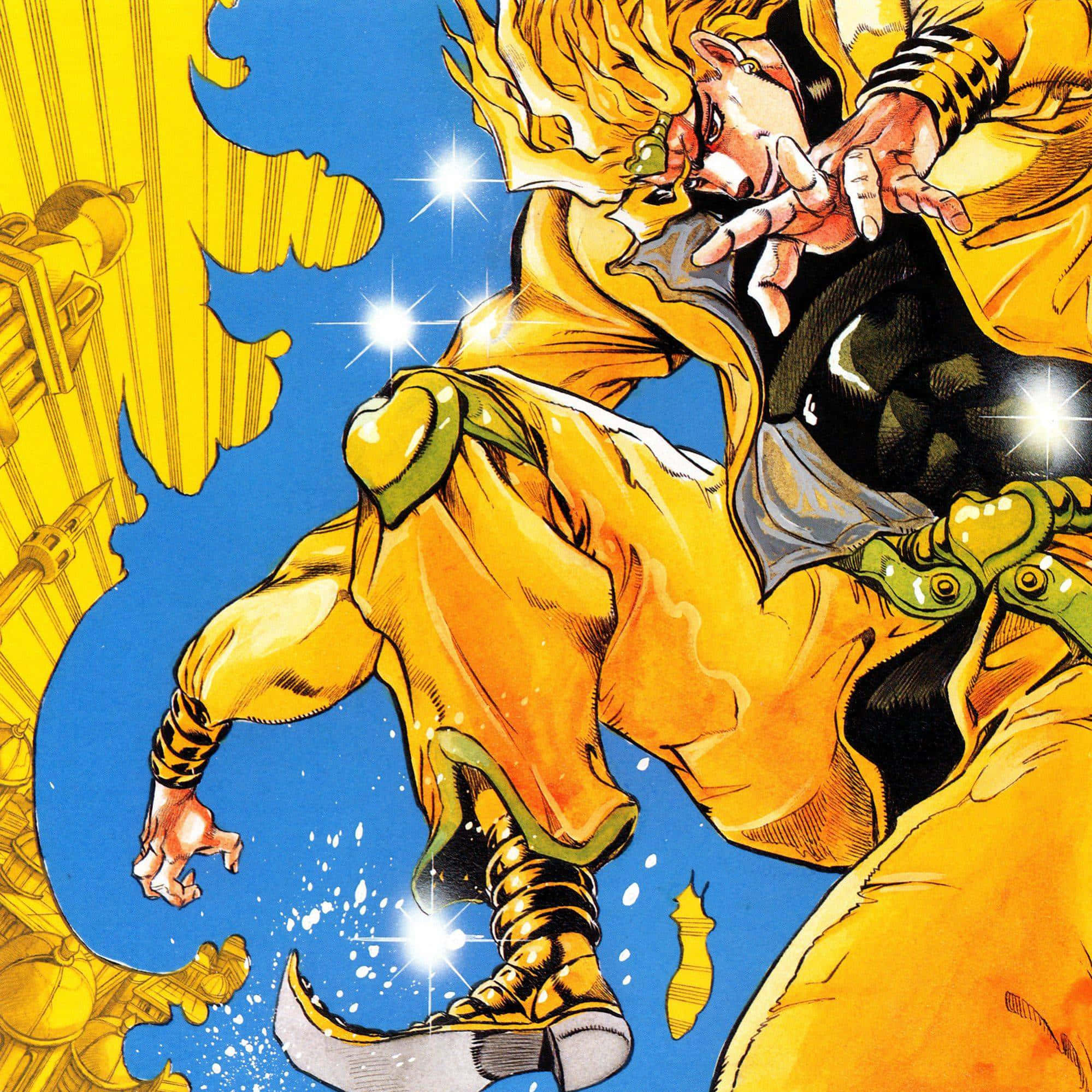 Diego Brando 桌布 壁紙 — 一個動態的動漫角色穿著黃色服裝，在藍天中跳躍，伴隨著閃爍效果和機械結構。