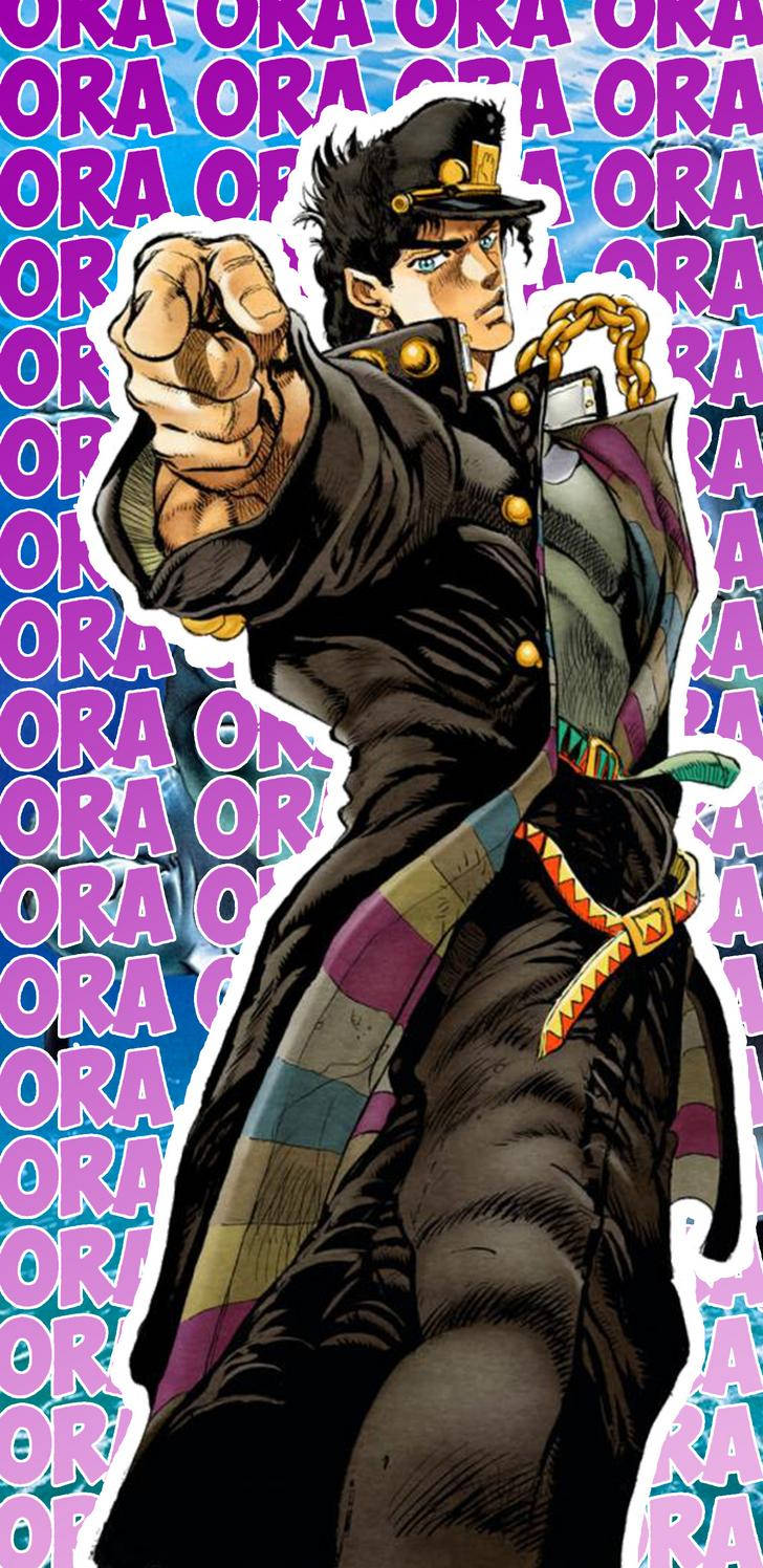 Jotaro 桌布 壁紙 — 一個動態的動漫角色穿著黑色制服，在充滿活力的粉紅色和藍色重複文字背景前指向前面。