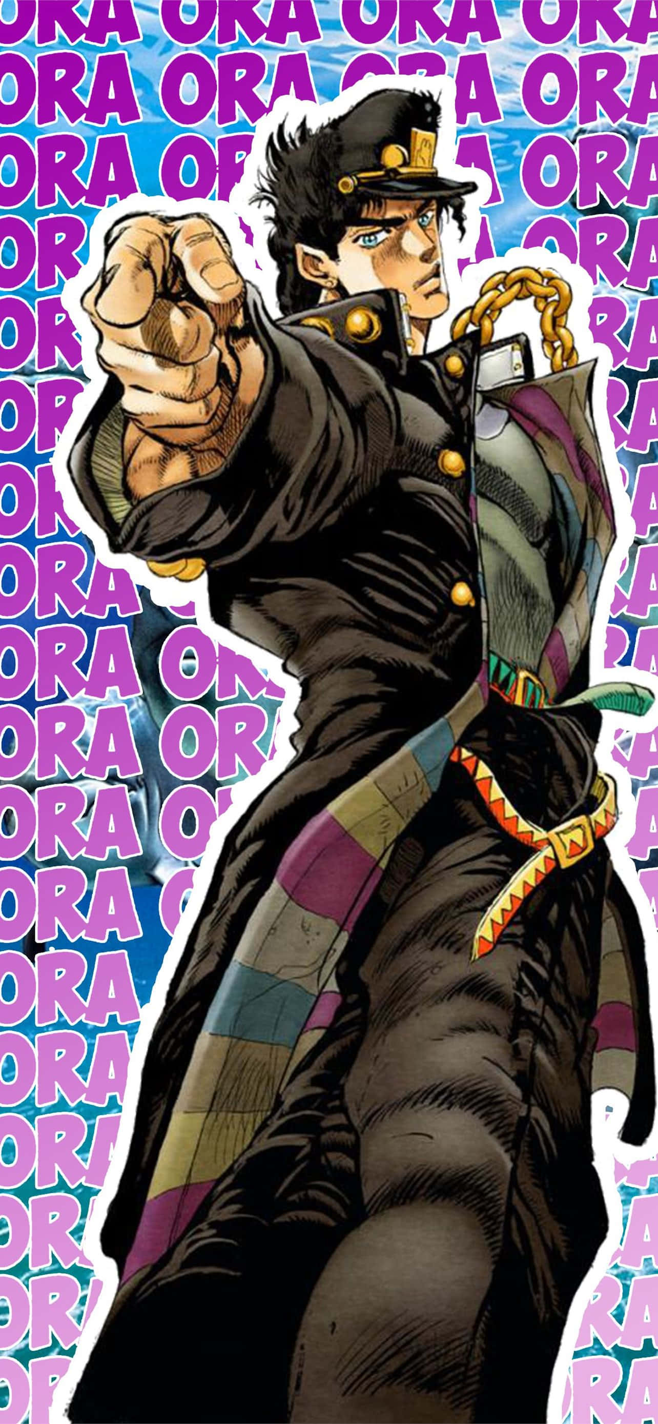 Jotaro 桌布 壁紙 — 一個動態的動漫角色穿著黑色制服，在充滿活力的紫色和藍色重複文字背景前指向前方。