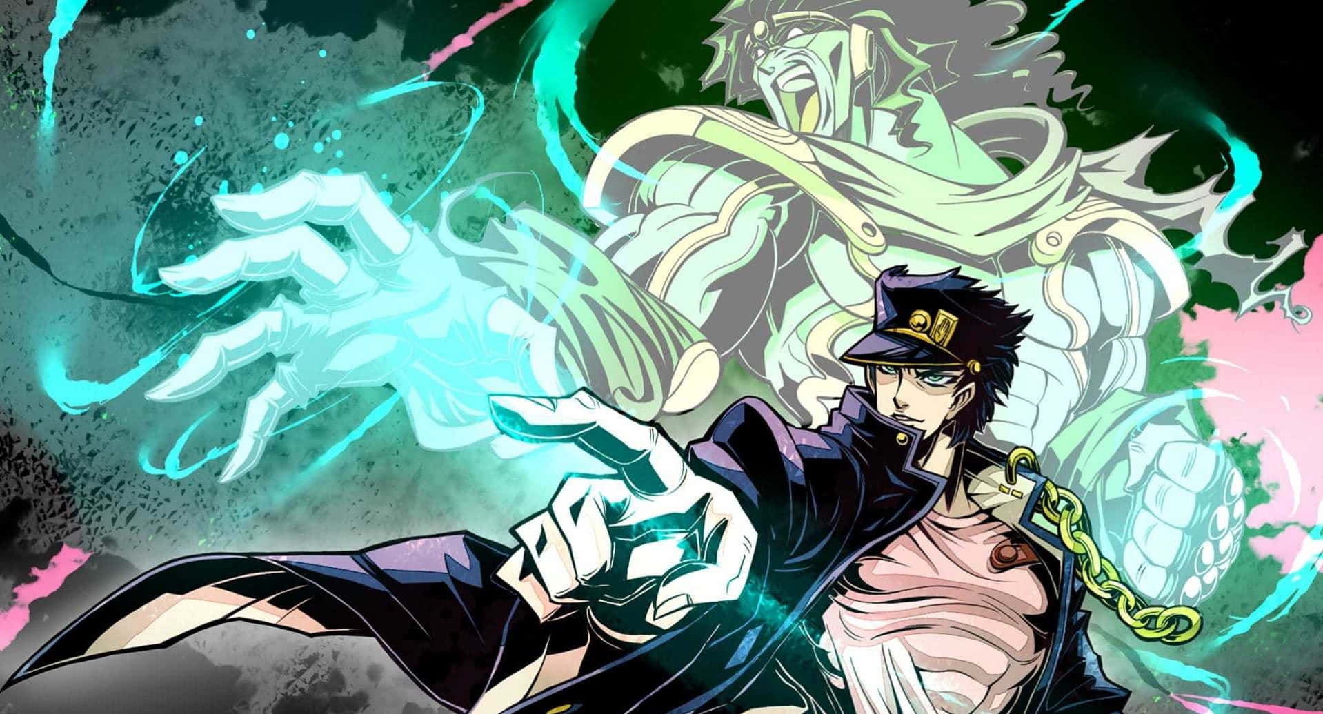 Jojo's Bizarre Adventure 桌布 壁紙 — 一個動態的動漫角色穿著黑色外套，釋放出發光的藍色能量，背後有一個幽靈般的身影在黑暗抽象背景中若隱若現。