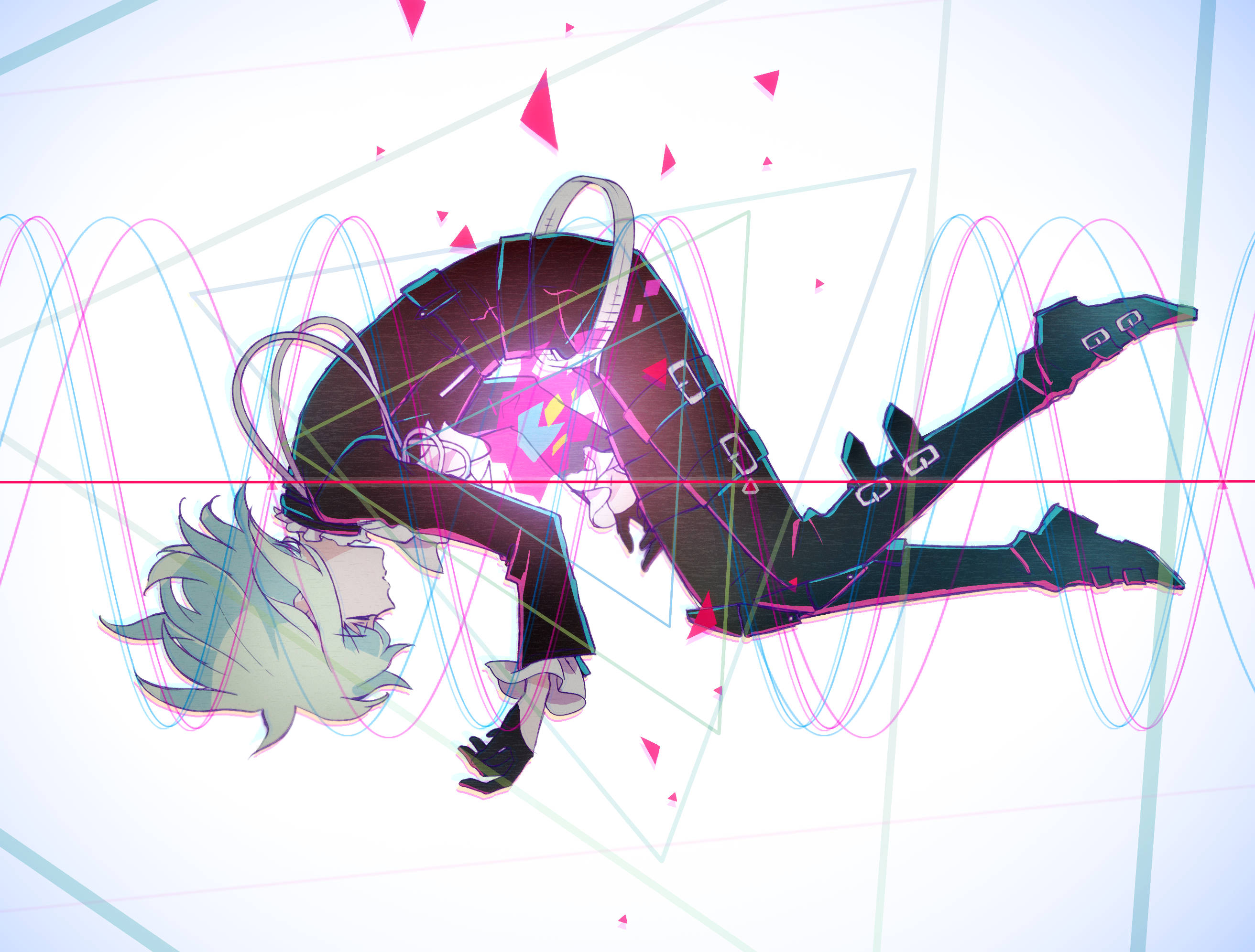 Promare 桌布 壁紙 — 一個動態的動漫角色穿著黑色裝備，在網格背景中穿過發光的粉紅色和藍色數位波浪。