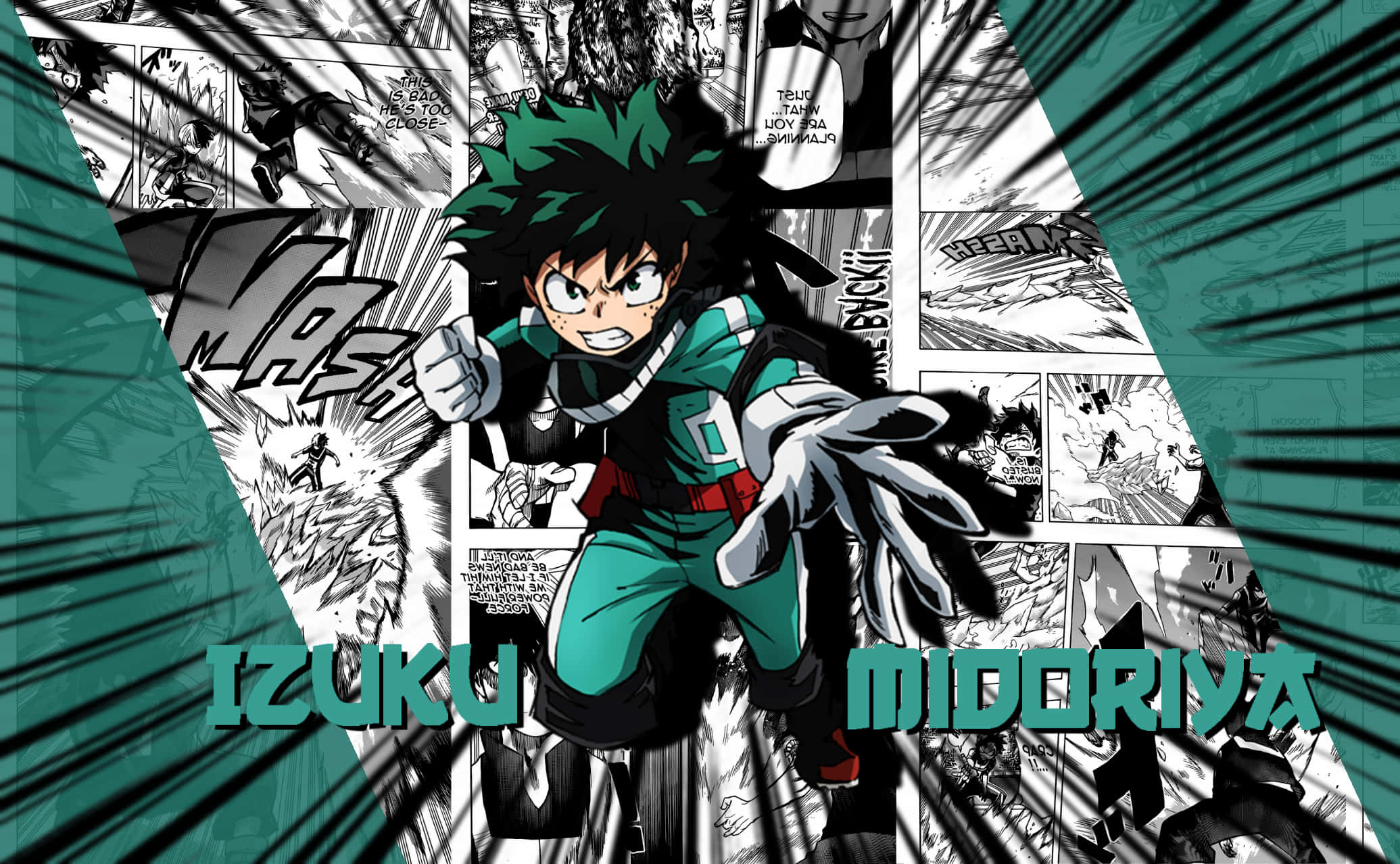 Manga Pages 桌布 壁紙 — 一個動態的動漫角色綠谷出久穿著綠色英雄服，在漫畫面板和速度線中向前出拳。
