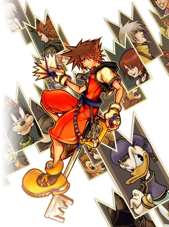 Kingdom Hearts Sora 桌布 壁紙 — 一個動態的動漫角色身穿紅金色，手持鑰刃跳躍，周圍環繞著盟友的碎片肖像。