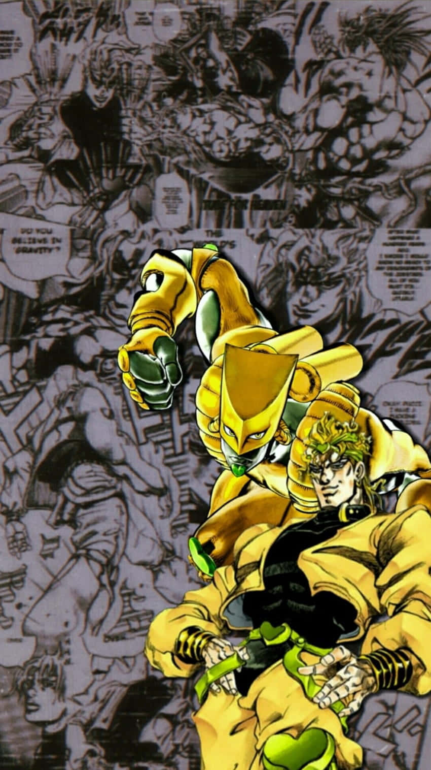 Jojo's Bizarre Adventure 桌布 壁紙 — 一個動態的動漫角色身穿金色西裝，在混亂的漫畫面板背景前向前跳躍。