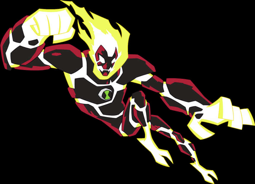 Ben 10 桌布 壁紙 — 一個動態的動漫超級英雄，擁有火黃色頭髮和紅黑色盔甲，在純黑背景上向前衝刺。