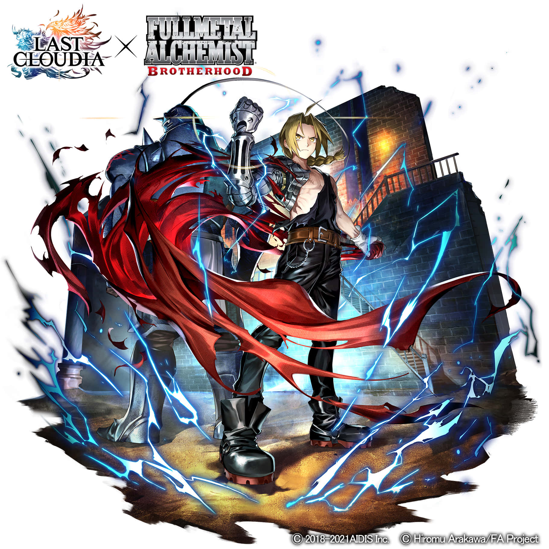動漫 桌布 壁紙 — 一個動態的動漫跨界場景， featuring Edward Elric 和一個戴面具的戰士，在噼啪作響的藍色閃電和飄動的紅色斗篷中，以磚砌建築為背景。