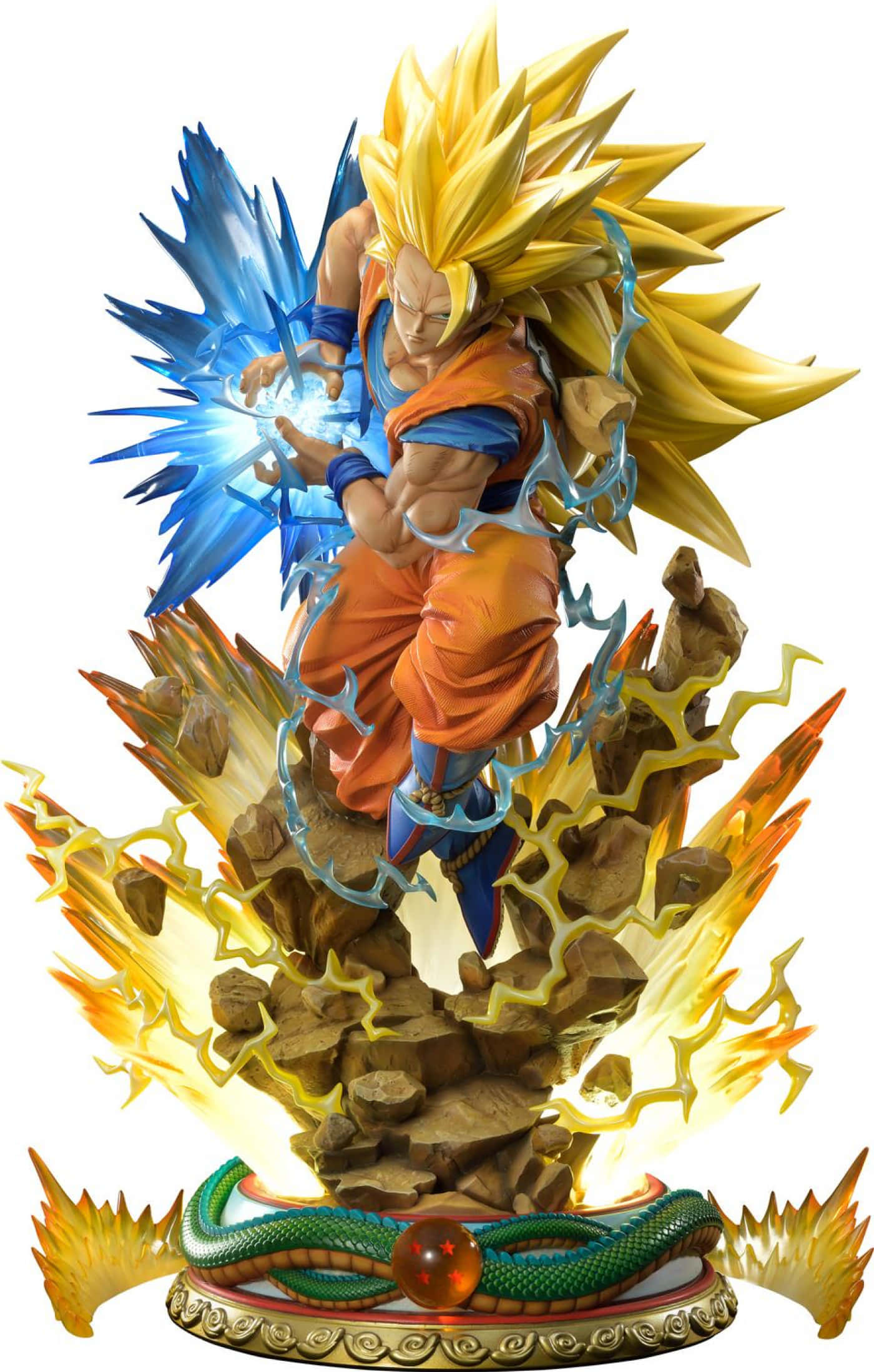 Dbz 桌布 壁紙 — 一個動態的動漫雕像，描繪超級賽亞人悟空在熾熱岩石碎片和盤繞龍基座中釋放藍色能量爆炸。