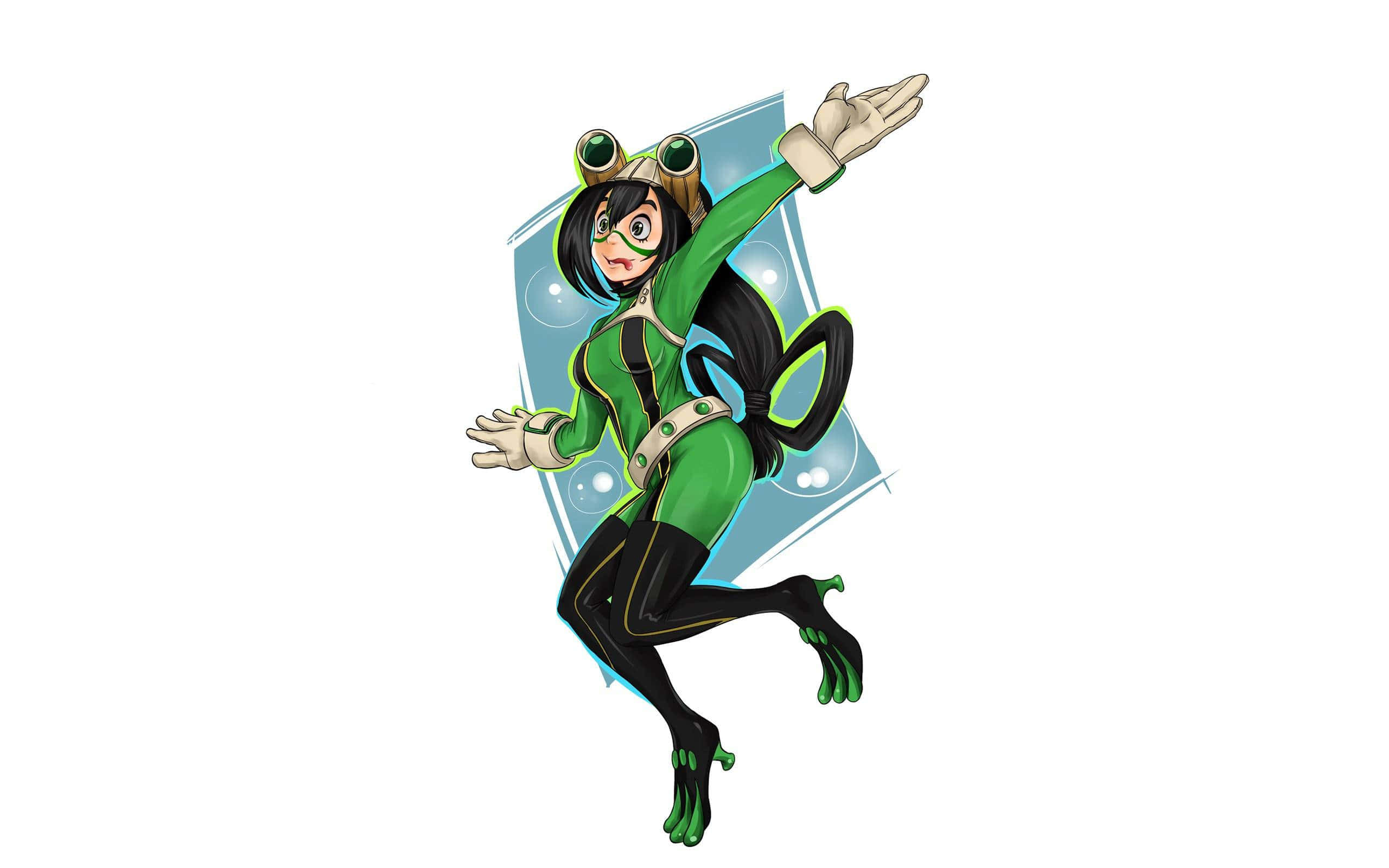 Froppy 桌布 壁紙 — 一個動態的動漫青蛙女孩穿著綠色和黑色套裝，伸展雙臂跳躍，背景是發光的藍色鑽石。