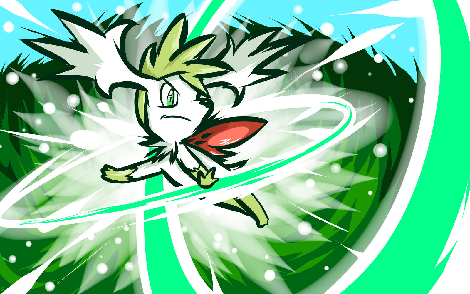 Shaymin 桌布 壁紙 — 一個動態的動漫風格寶可夢在充滿活力的綠色和藍色背景上向前衝刺，帶有綠色能量痕跡。