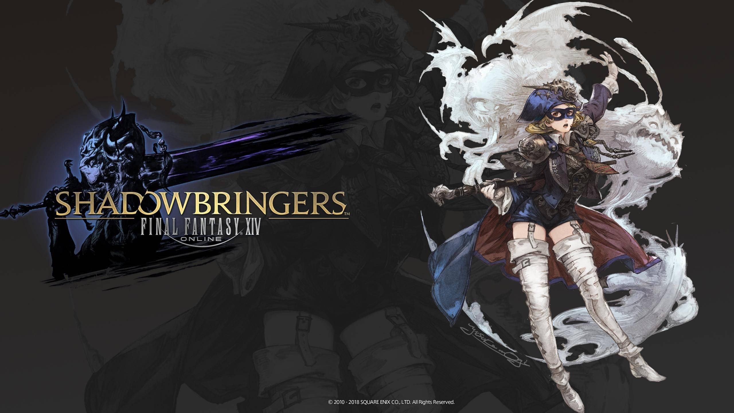 Ff14 桌布 壁紙 — 一個動態的動漫風格戰士，擁有飄逸的白髮和盔甲，在黑暗背景中穿過旋轉的能量跳躍，背景中有一個戴面具的角色和遊戲標題。